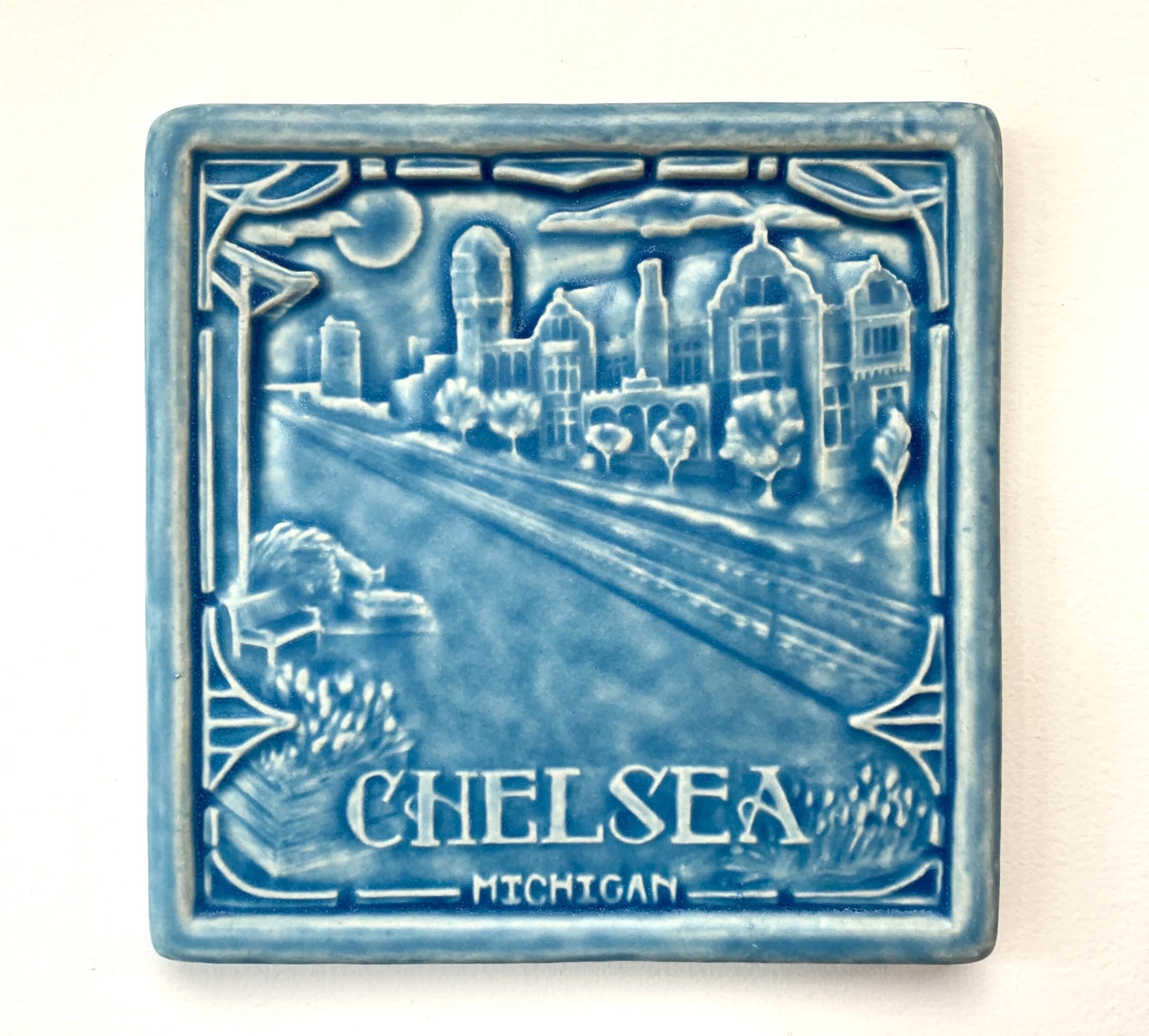 Chelsea, Michigan art tile Freshwater Blue glaze by Whistling Frog Tile