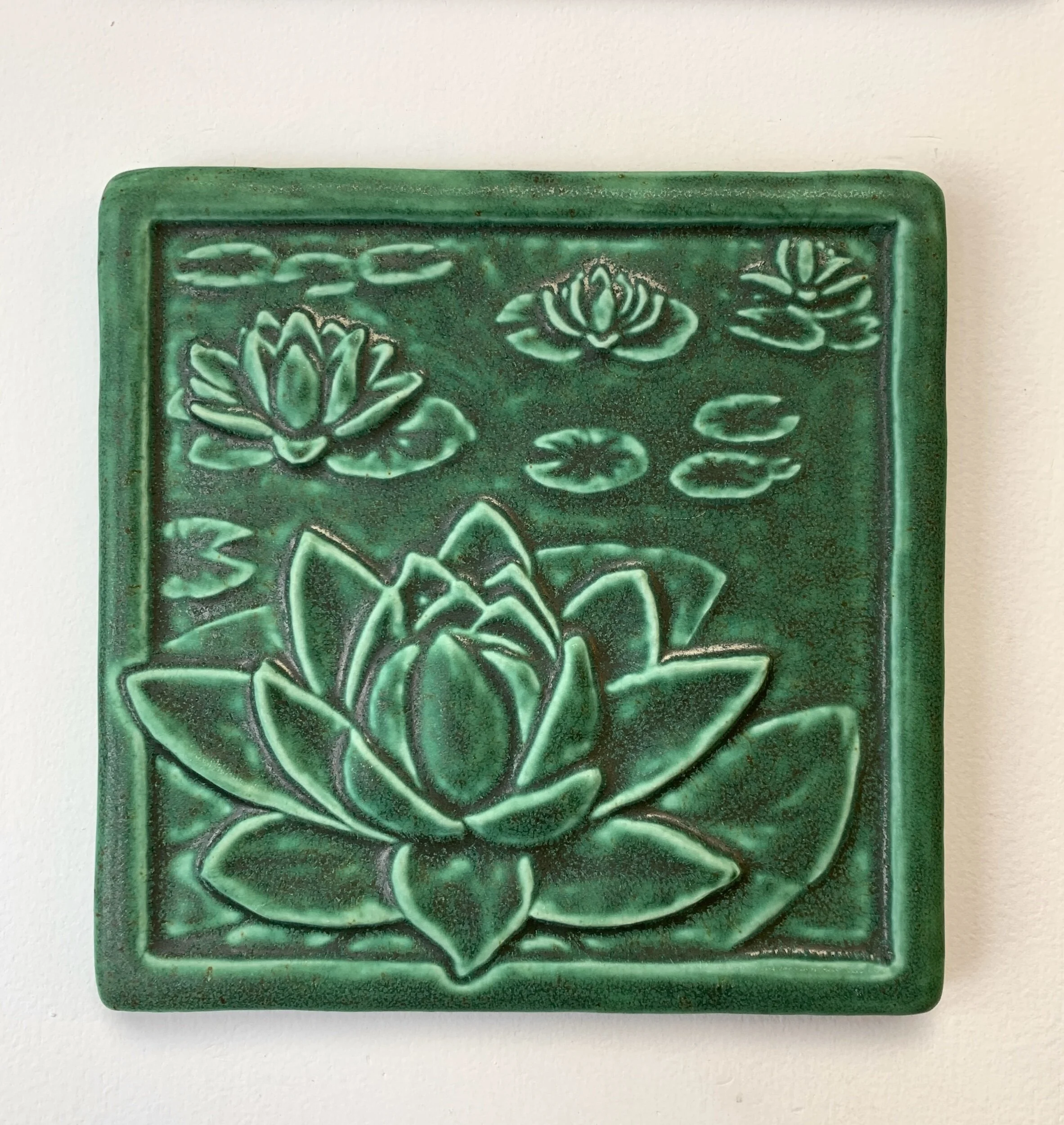 Leaf Green Glazed Water Lily Art Tile Lotus tile, waterlily tile, pond theme, kitchen tile, whistling frog tile, lily tile