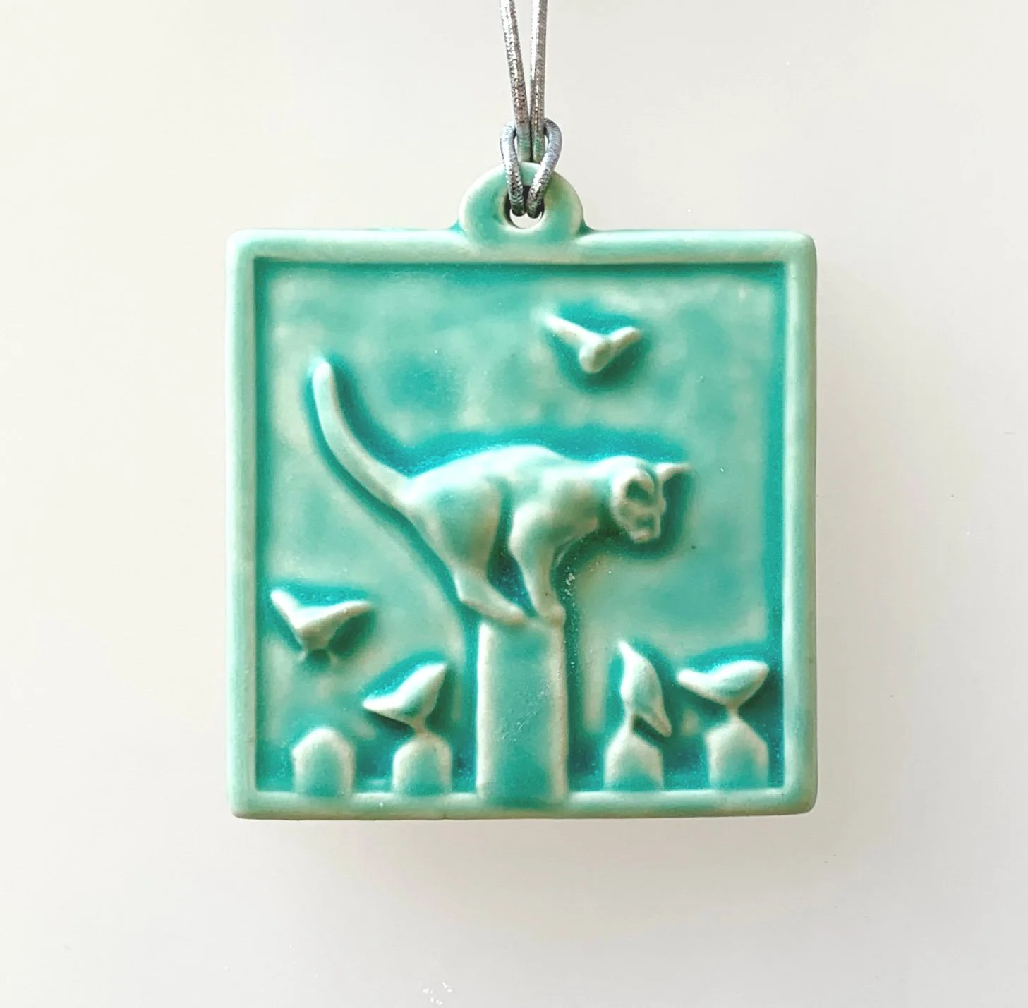 Cat on Fence Ornament in Bermuda Aqua Glaze