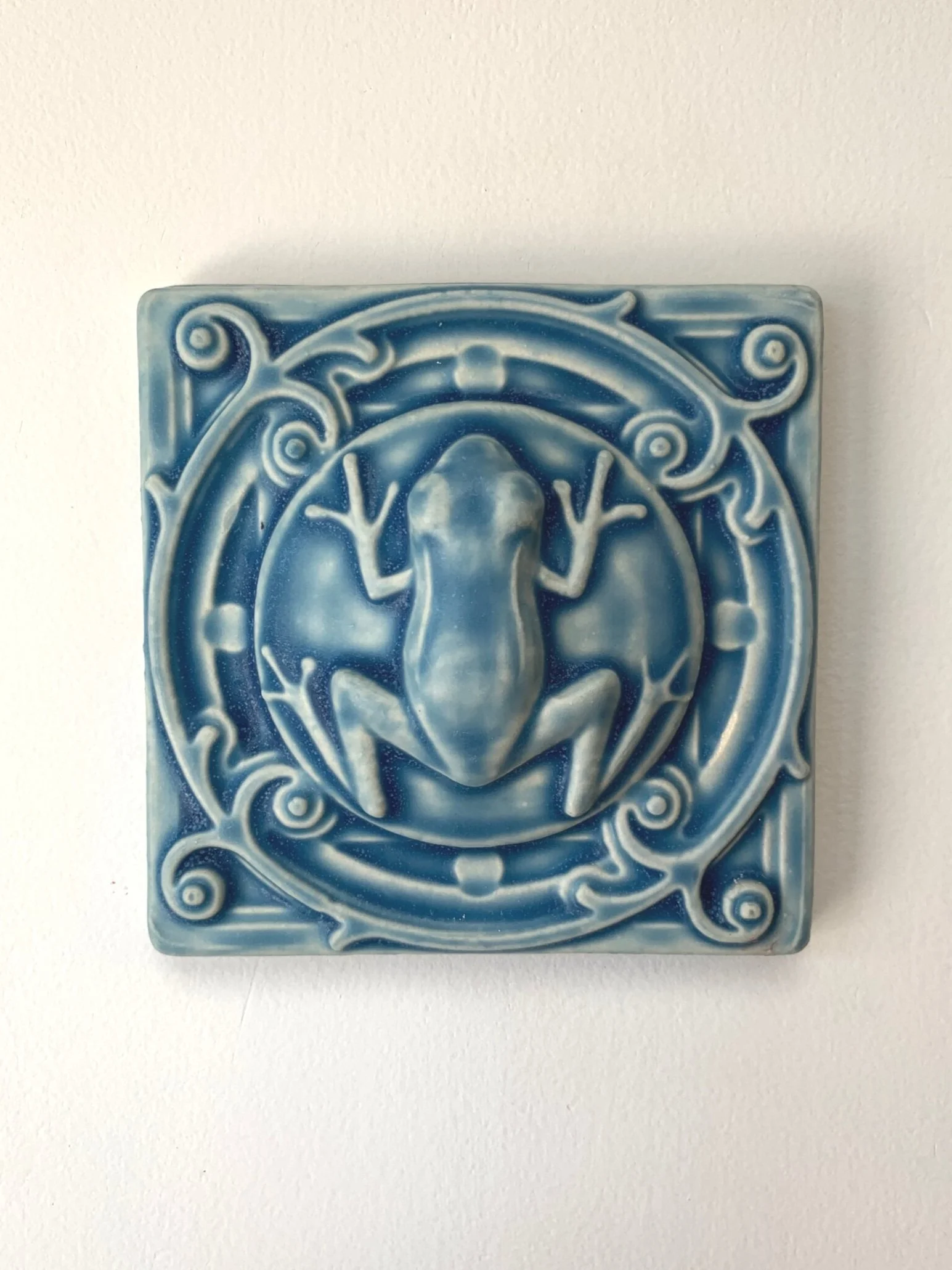 Tree Frog Ceramic Art Tile in Freshwater Blue Glaze. Hand made in Michigan 4x4 inches.