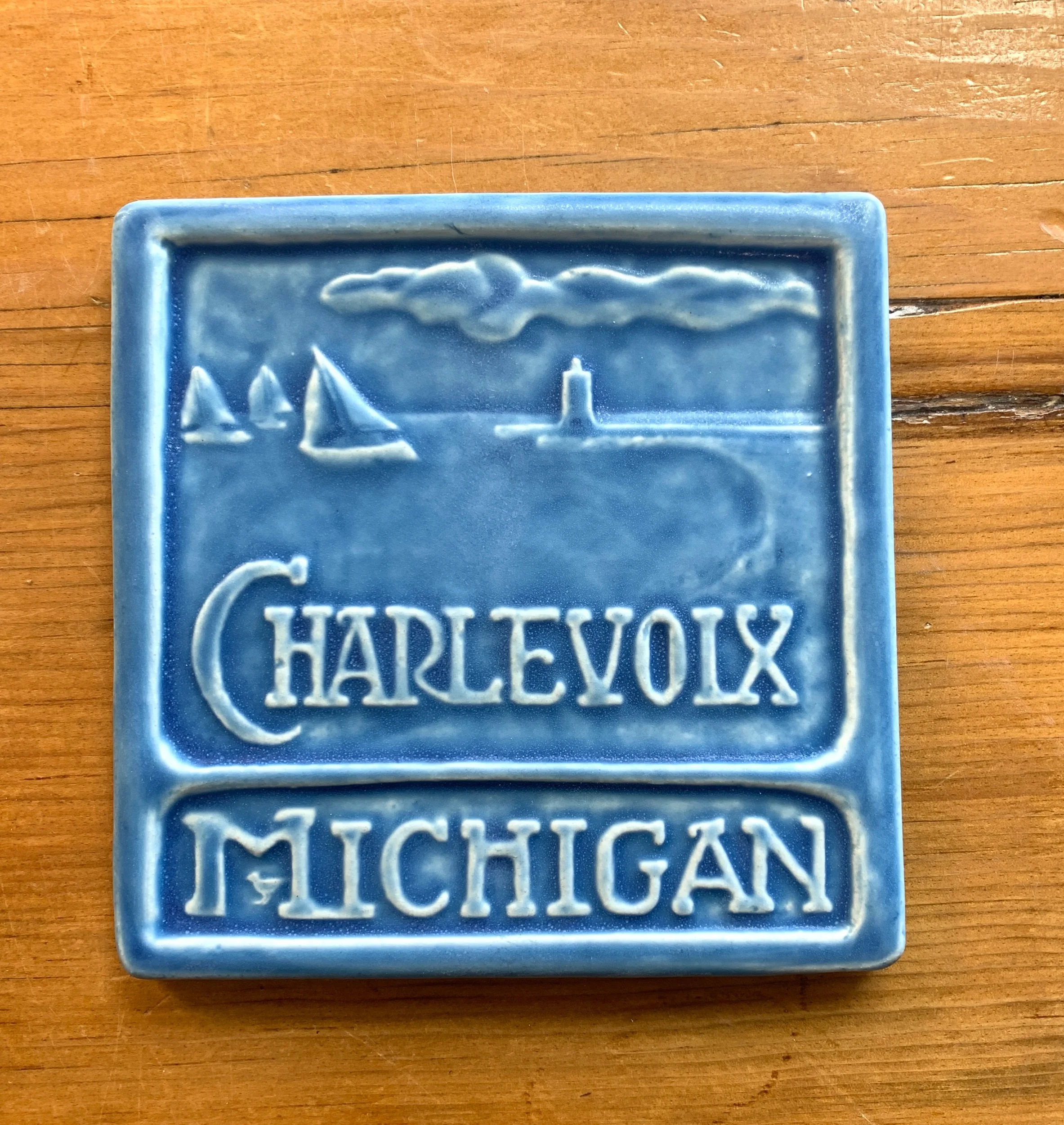 Charlevoix michigan gift tile Freshwater blue glaze by Whistling Frog Tile