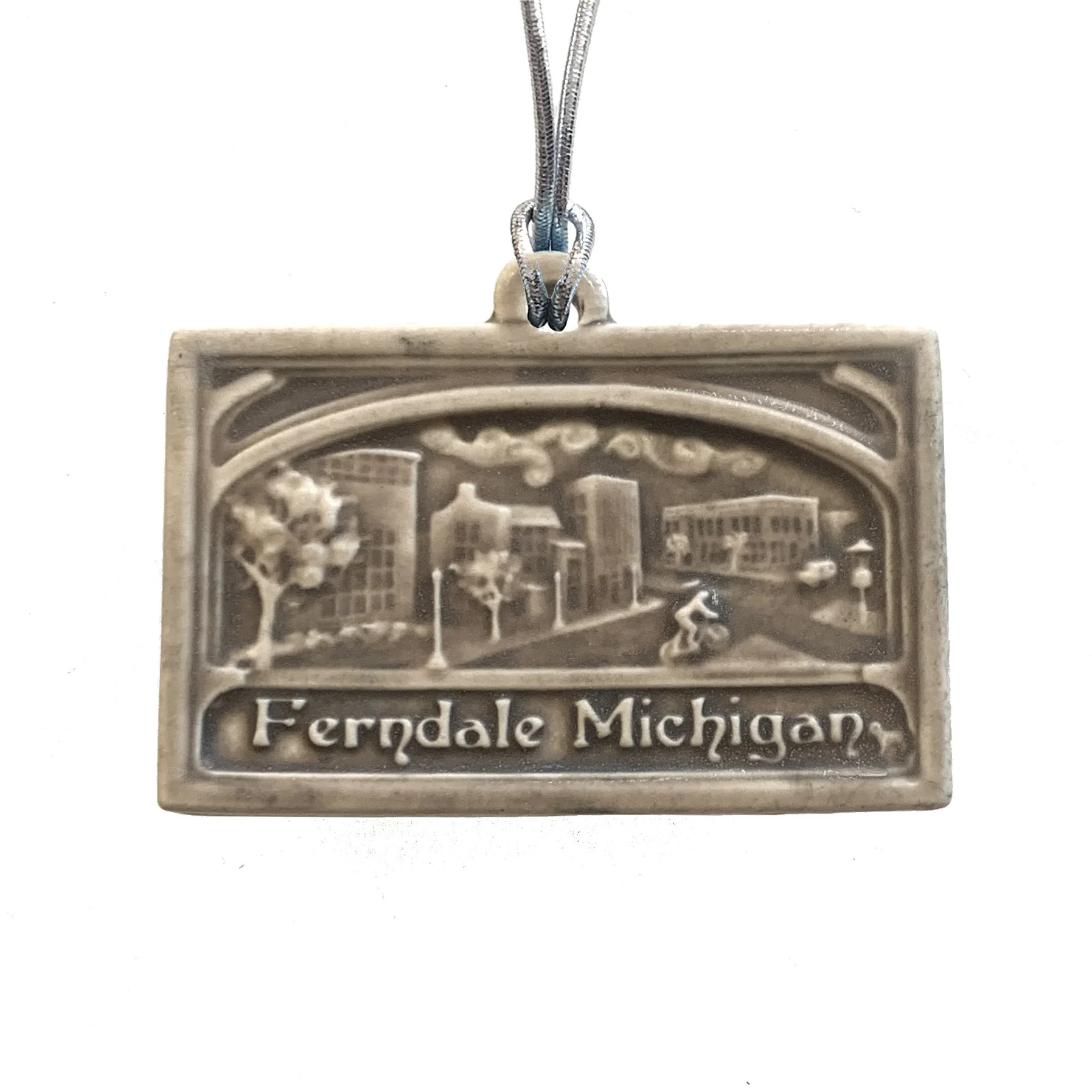 Handmade porcelain Ferndale Michigan ornament, ceramic community pride gift, local artisan holiday decor, Ferndale destination keepsake.