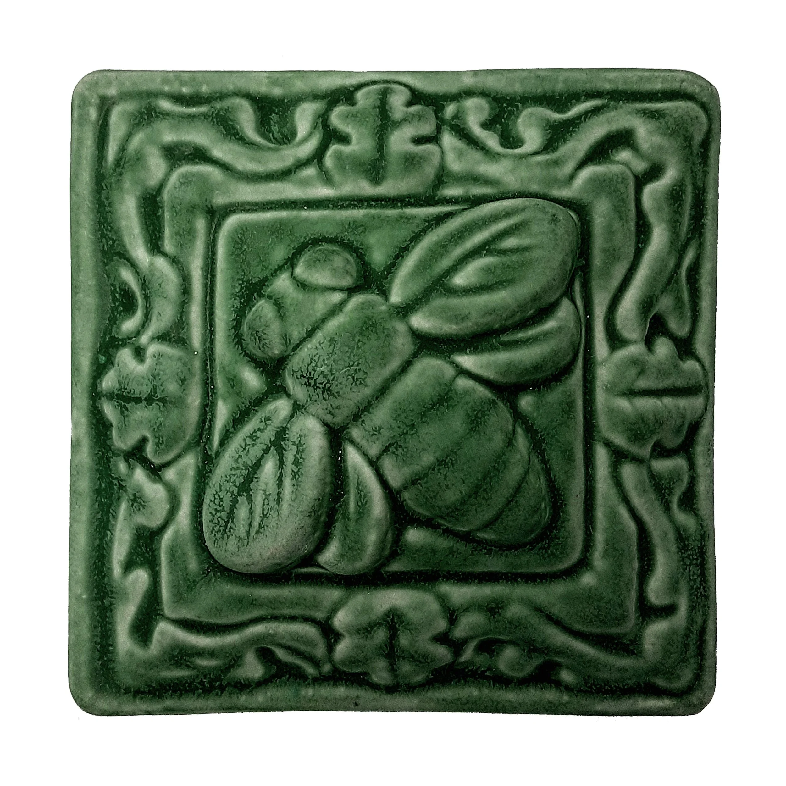 Bee Floral Tile Leaf Green Glaze.jpg