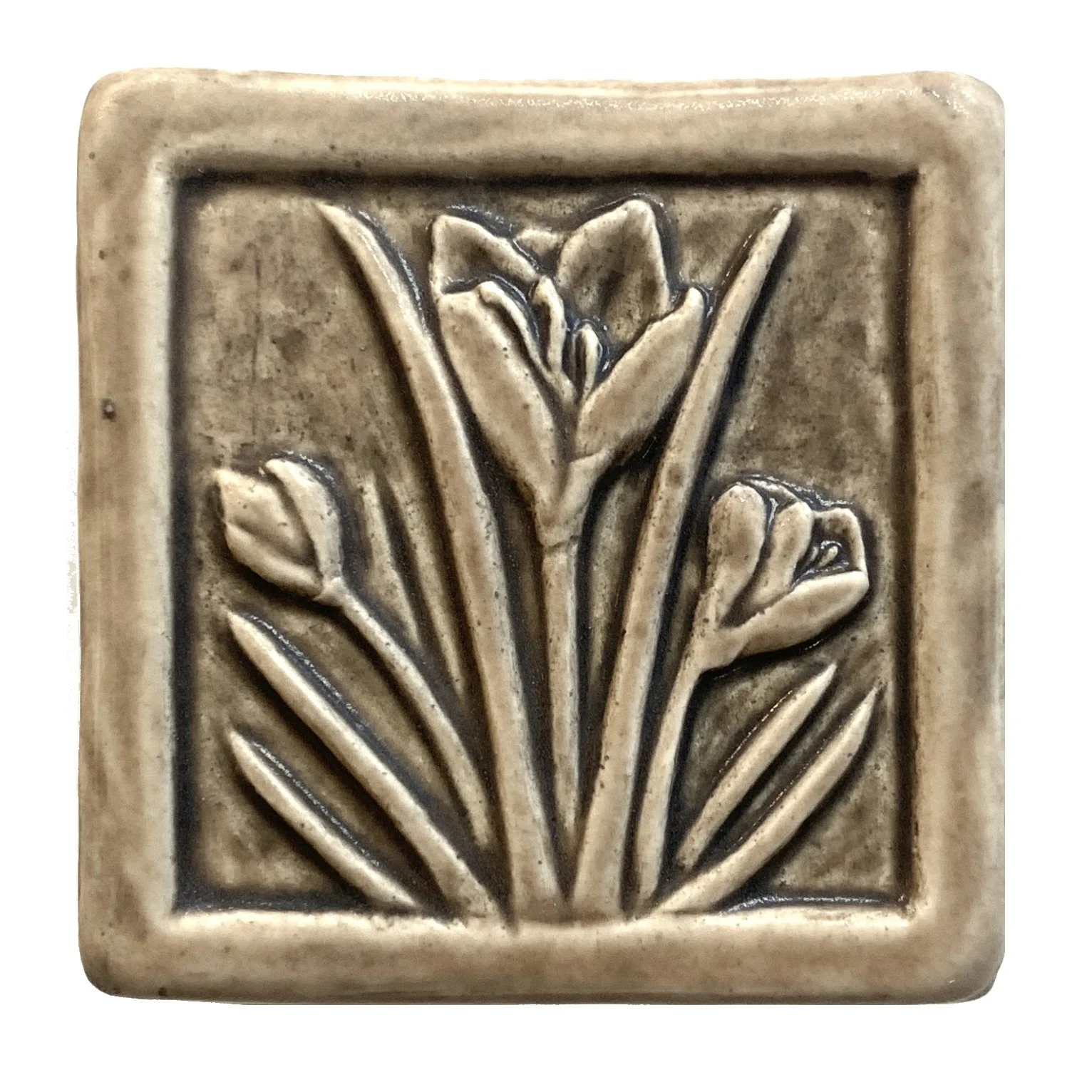 Handmade 4x4 porcelain Crocus art tile by Tonya Lutz. Michigan artisan ceramic for kitchen backsplashes and spring wall decor. Moisture-resistant botanical garden gift.