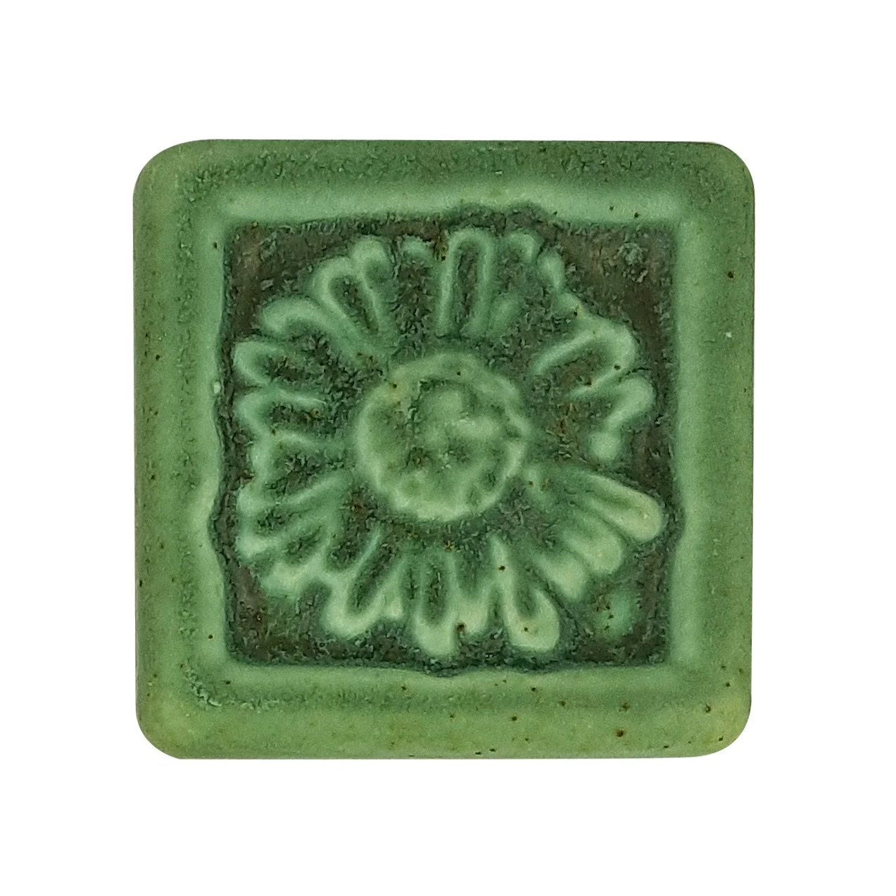 Handmade 2x2 porcelain Daisy art tile from Whistling Frog Tile. Michigan artisan ceramic for kitchen sanctuary backsplashes and floral wall decor. Moisture-resistant botanical gift.