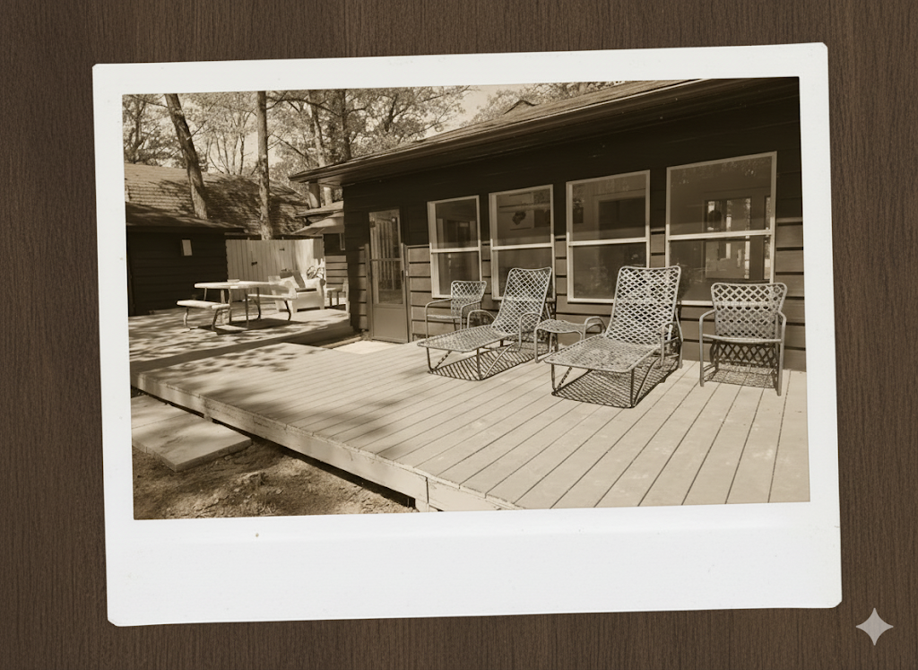 Spacious back deck of our pottery retreat. Reclining lounge chairs, picnic table, grill, wellness outdoor dining area with shade umbrellas right next to our fire pit backyard