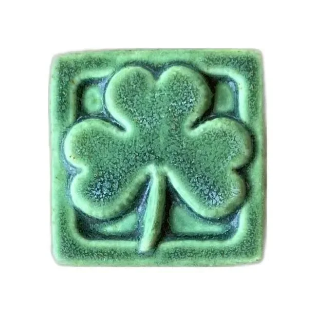 Handmade 2x2 porcelain Shamrock Art Tile, Irish luck gift, St. Patrick's Day decor, ceramic mini tile for installation or display, Irish heritage accent.