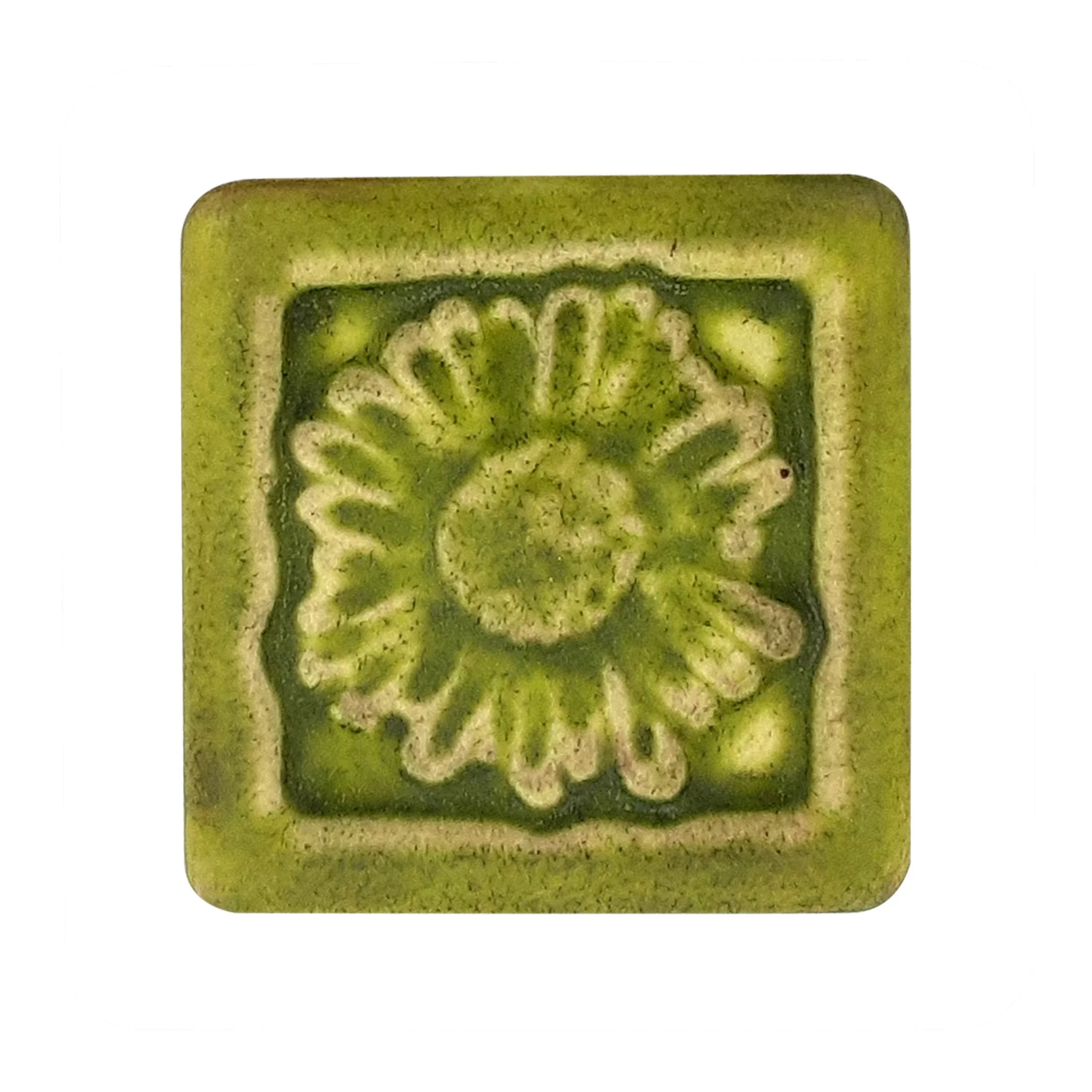 Handmade 2x2 porcelain Daisy art tile from Whistling Frog Tile. Michigan artisan ceramic for kitchen sanctuary backsplashes and floral wall decor. Moisture-resistant botanical gift.