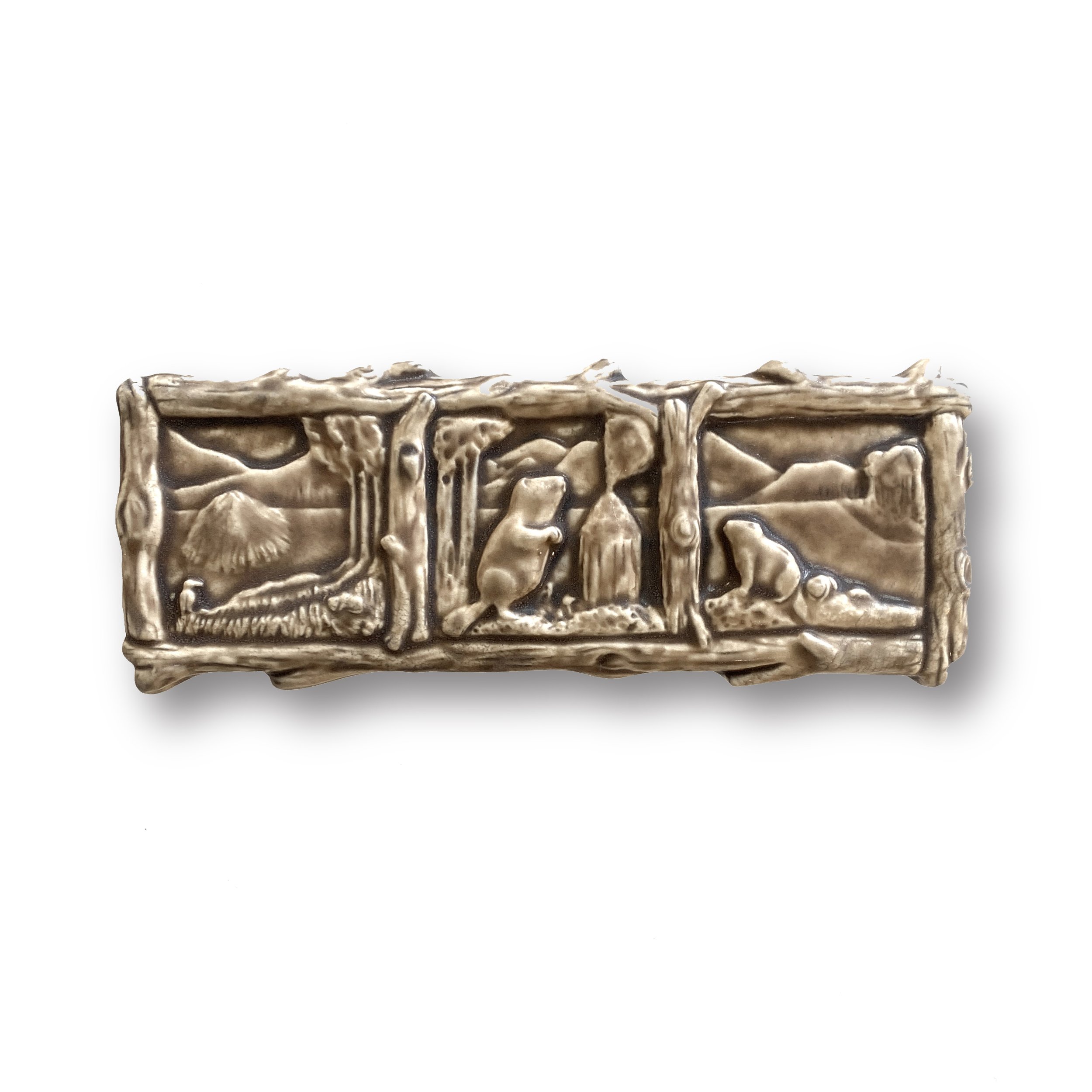 Handmade 8x3 porcelain Beavers Art Tile, horizontal ceramic accent for cabin and lodge backsplash, waterproof freshwater wildlife decor.