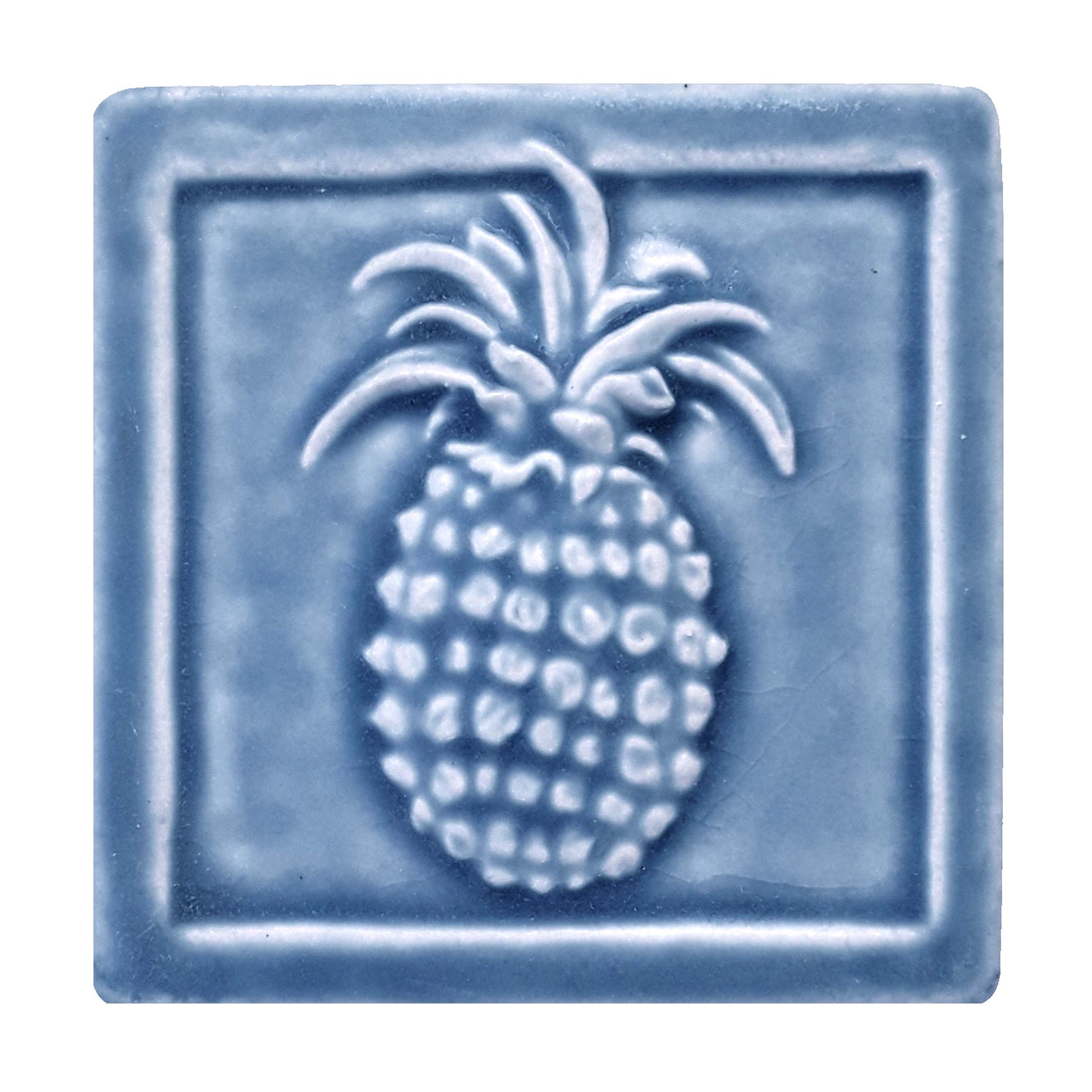Handmade 4x4 porcelain Pineapple art tile. Michigan artisan ceramic for kitchen backsplashes and hospitality-themed wall decor. Moisture-resistant housewarming gift.