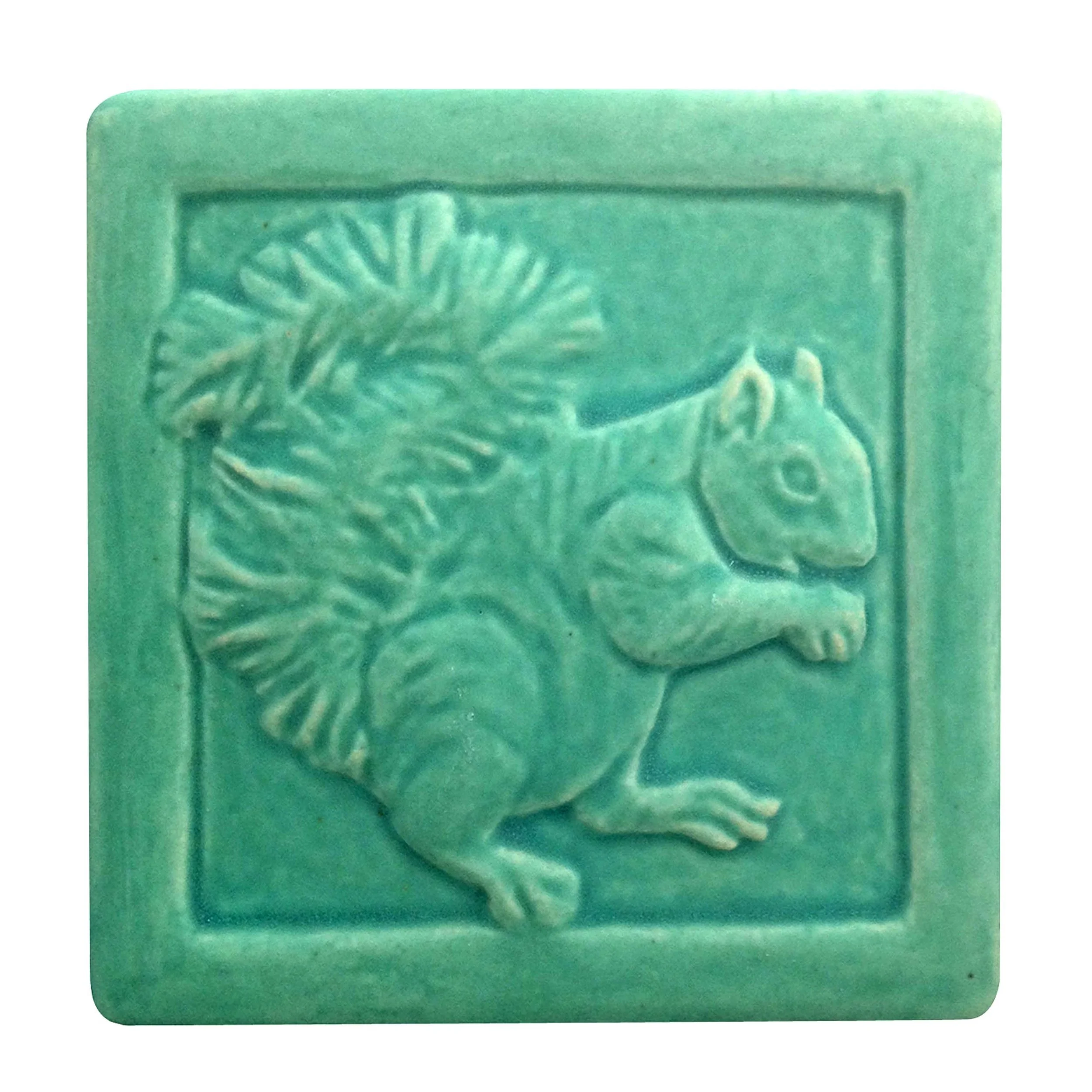 Handmade 4x4 porcelain Fred Squirrel art tile with high-relief detail. Michigan artisan ceramic for DIY kitchen backsplashes and woodland wall decor. Moisture-resistant rustic nature gift.
