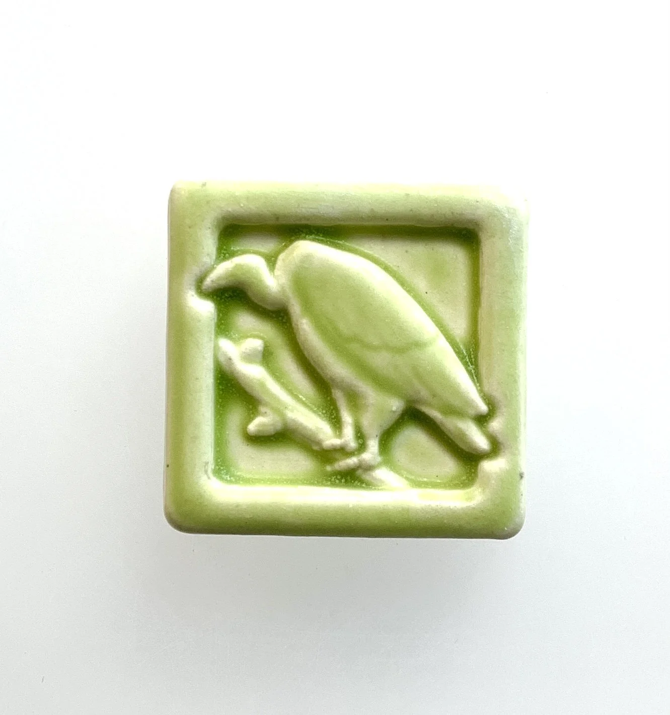 Vulture Ceramic Art Tile in Chartreuse Glaze. Handmade in Michigan 2x2 inches