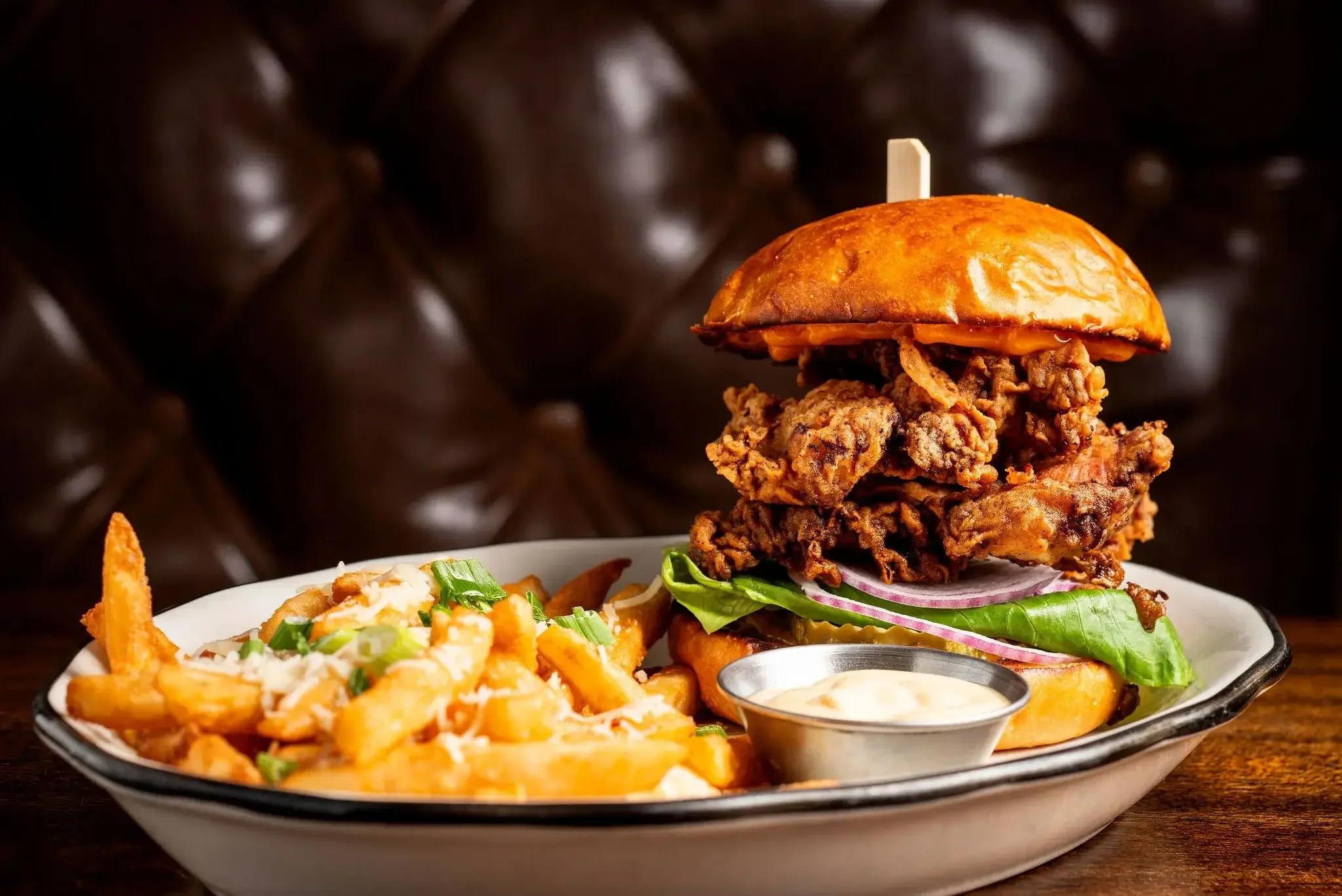  A fried chicken sandwich and fries, made with fresh, local ingredients at the Dutch Ale House in Saugerties, NY. 