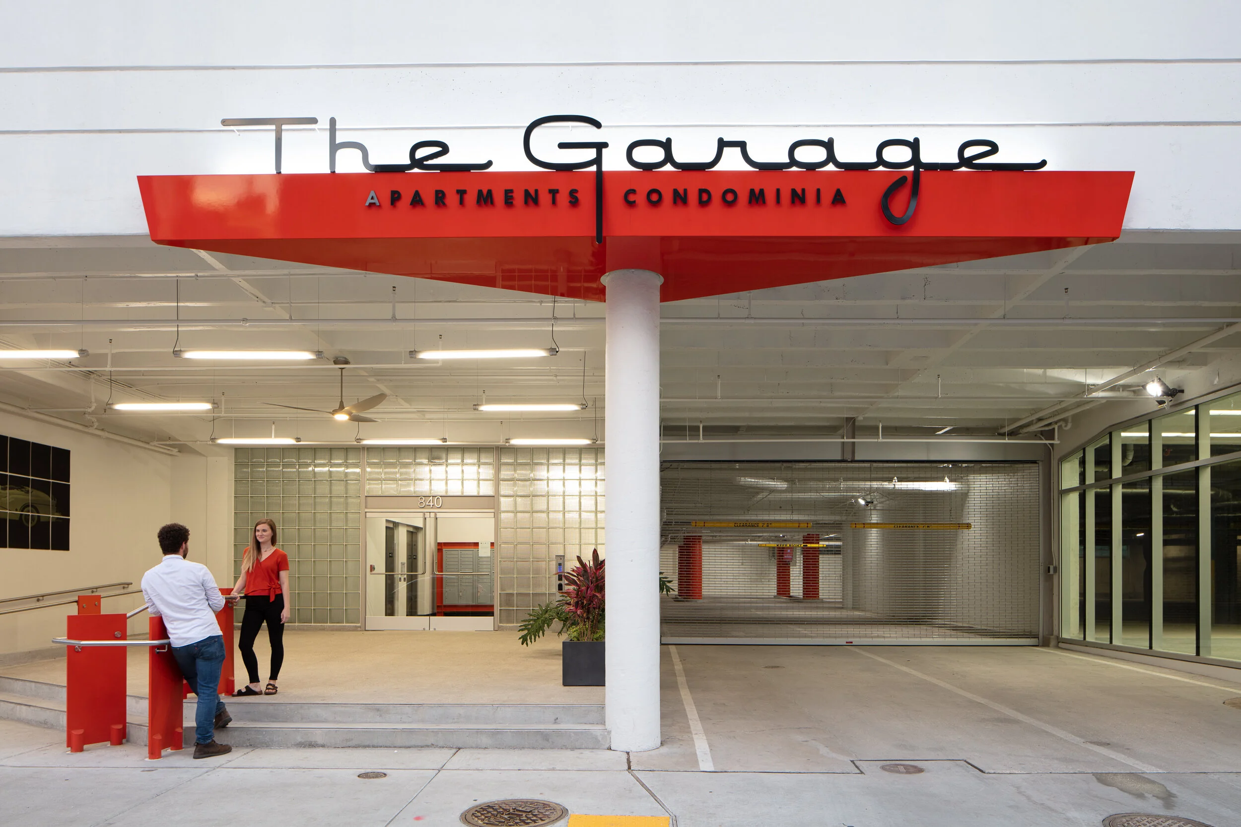  Large sign for The Garage luxury apartments hanging outside their front door in New Orleans, LA 