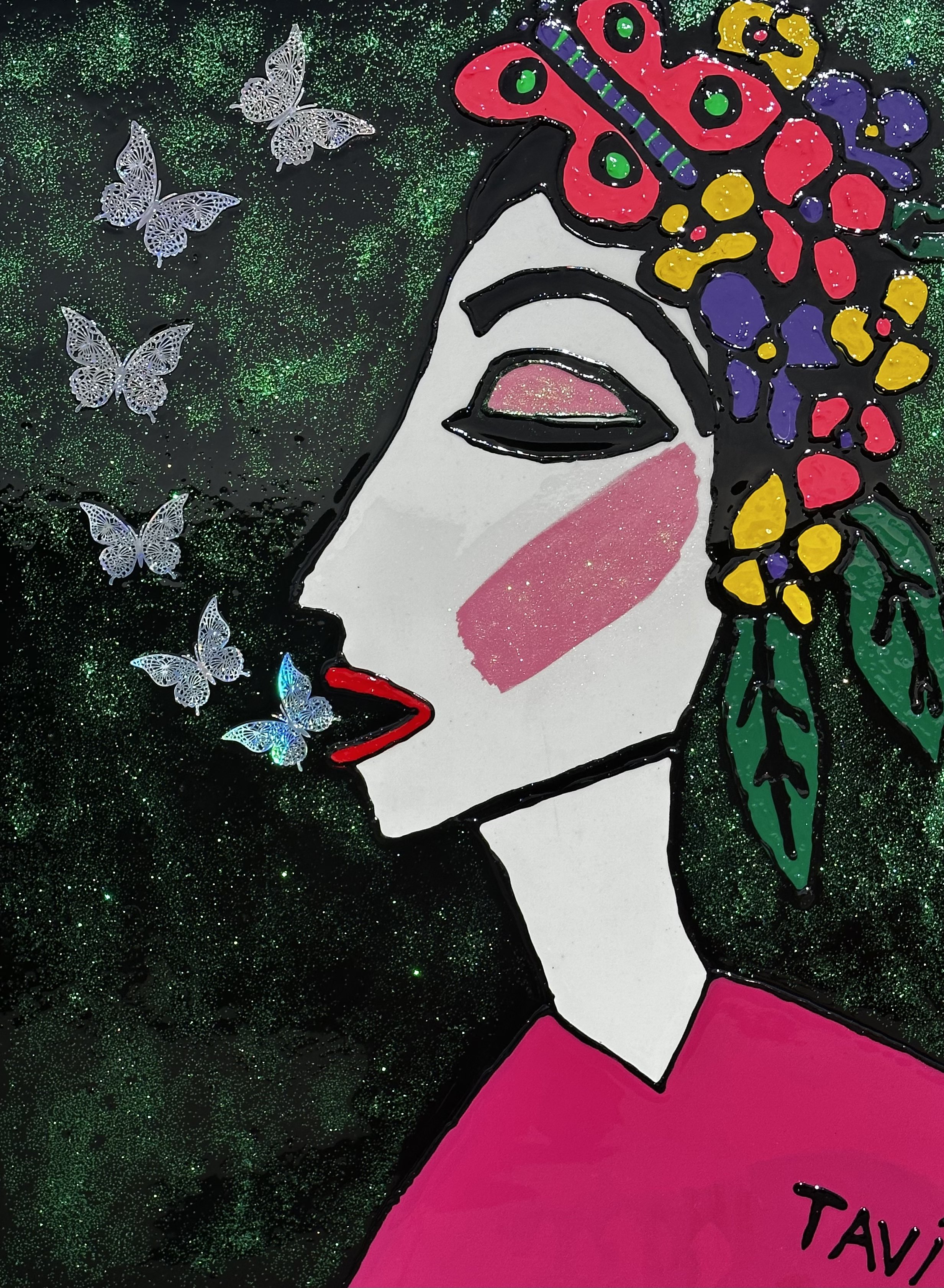 Audrey and butterflies Acrylic and puffy paint with ultra high epoxy finish on canvas 36 x 48 sold