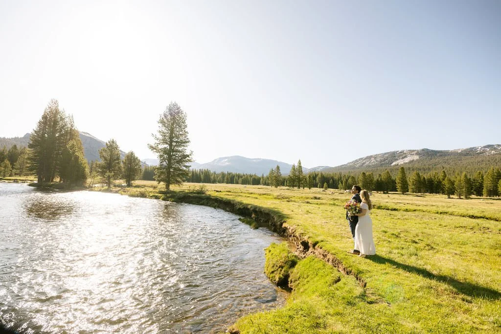 A couple, the bride in a white wedding dress and the groom in a dark suit, standing by a river in a lush green field with mountains and trees in the background during daylight.