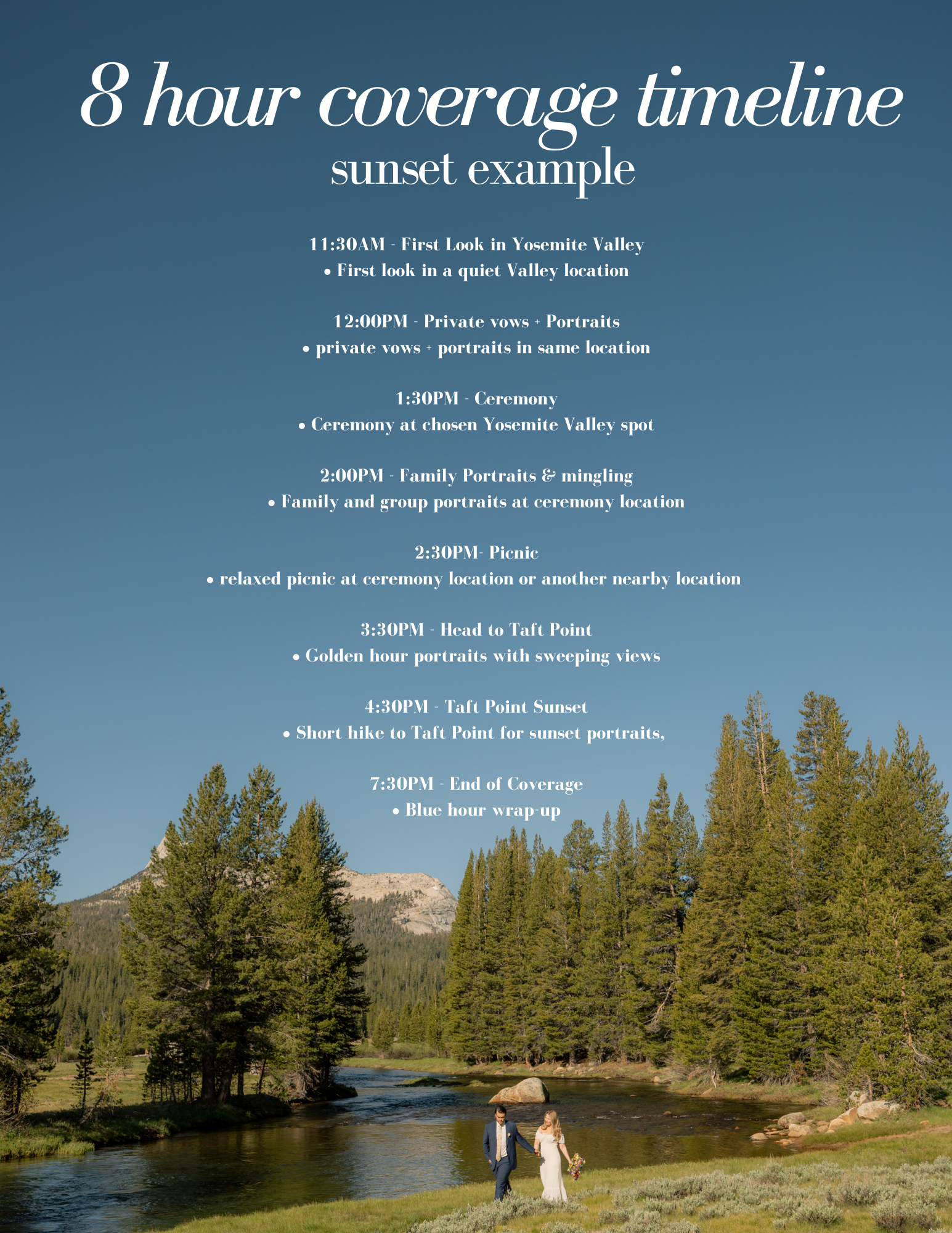 Example of a 6 to 8 hour timeline for a wedding in the mountains 