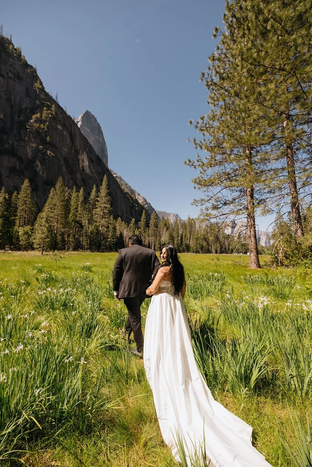A bride and groom walking hand in hand through a grassy field in a mountain landscape, with tall trees and cliffs in the background on a sunny day.