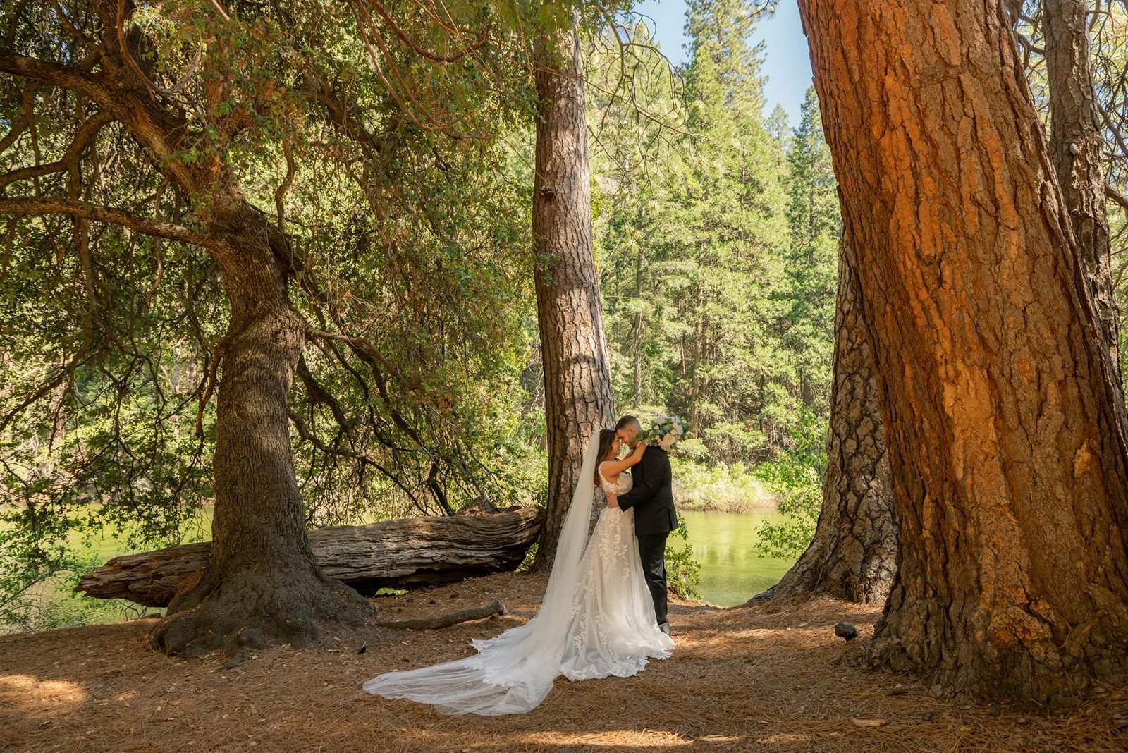 Bride and groom share a joyful moment in the forest of Yosemite National Park, marking their wedding celebration.