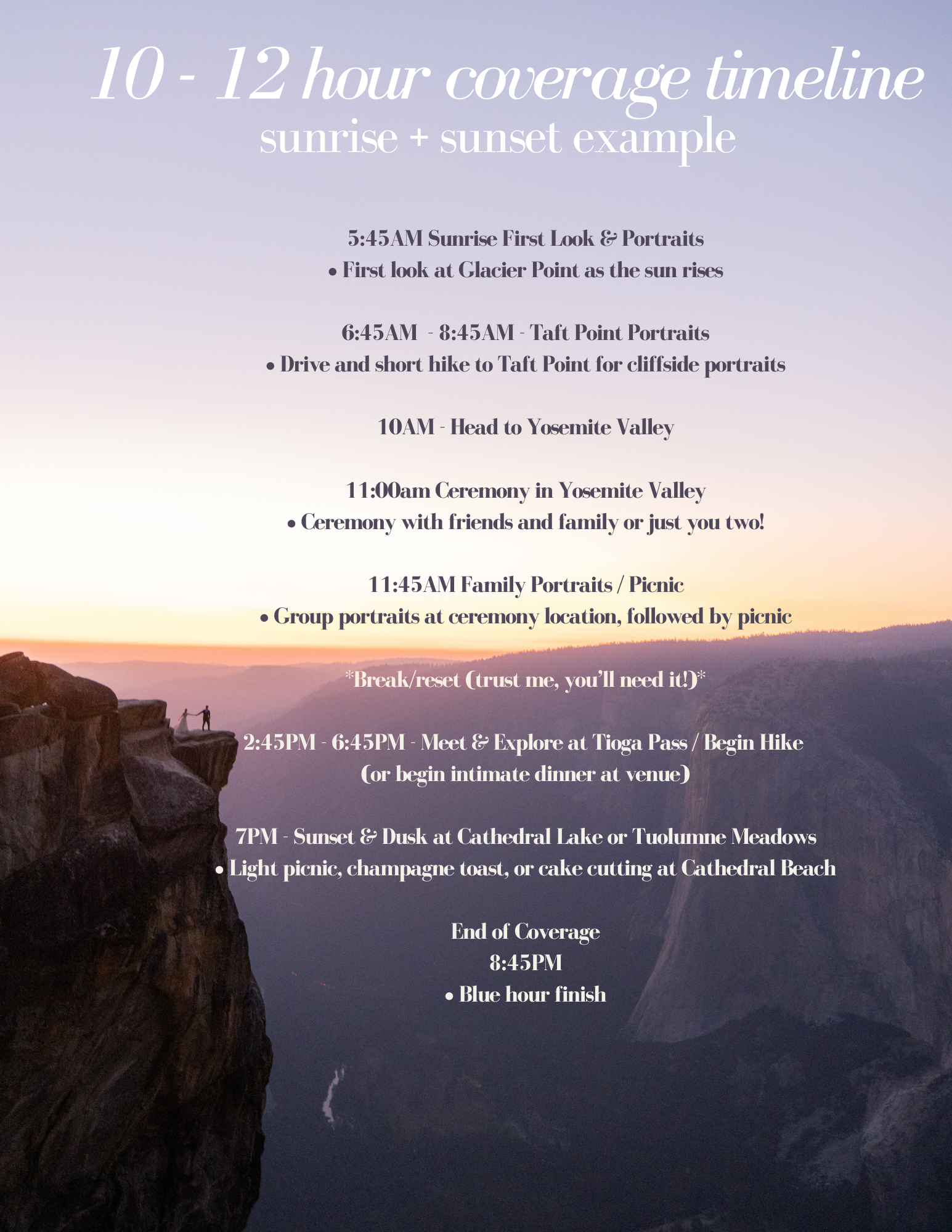 Example of a timeline for a 10 or 12 hour wedding day 