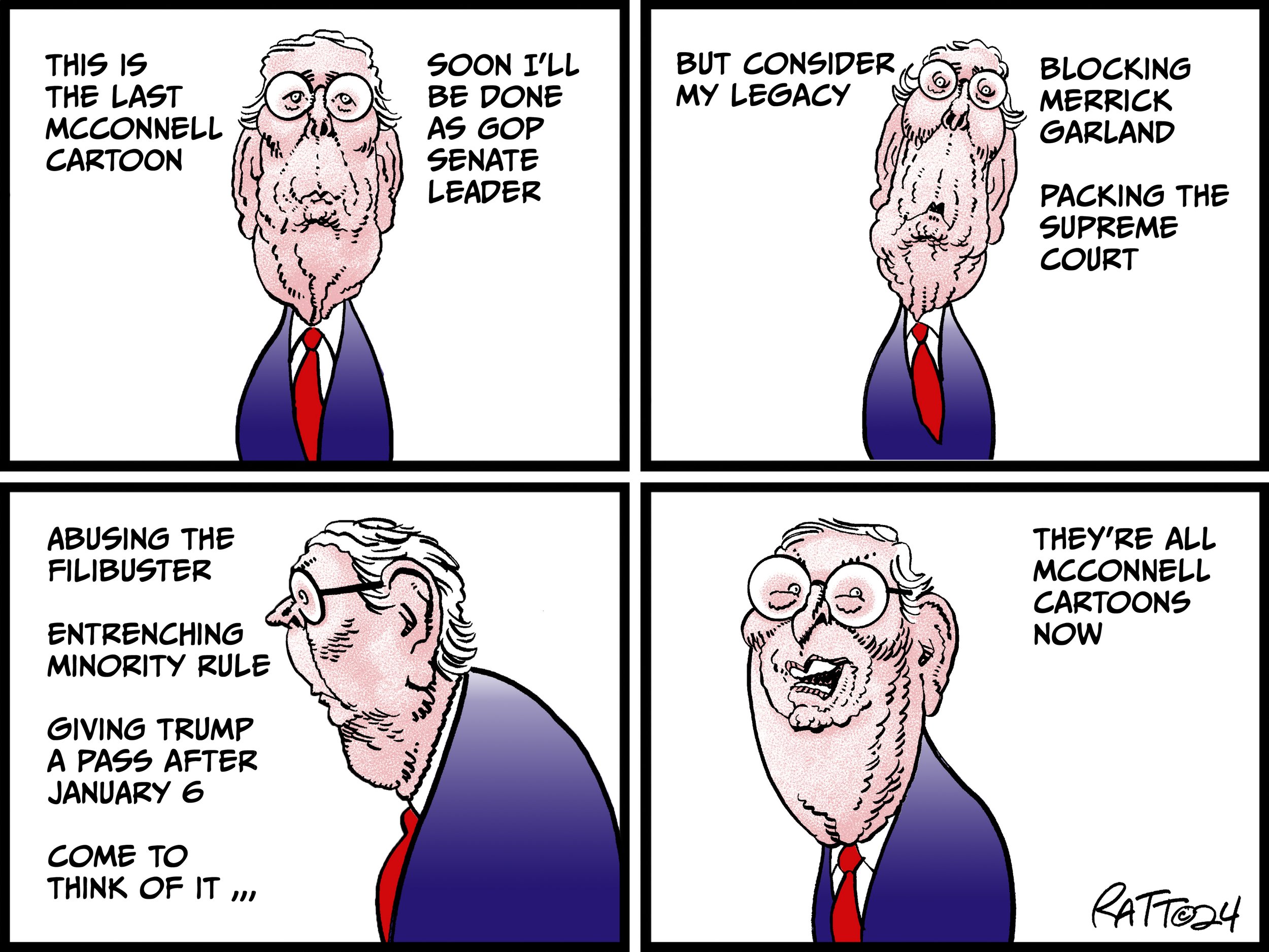 The last Mitch McConnell cartoon?  (Crooks And Liars, March 17, 2024.)