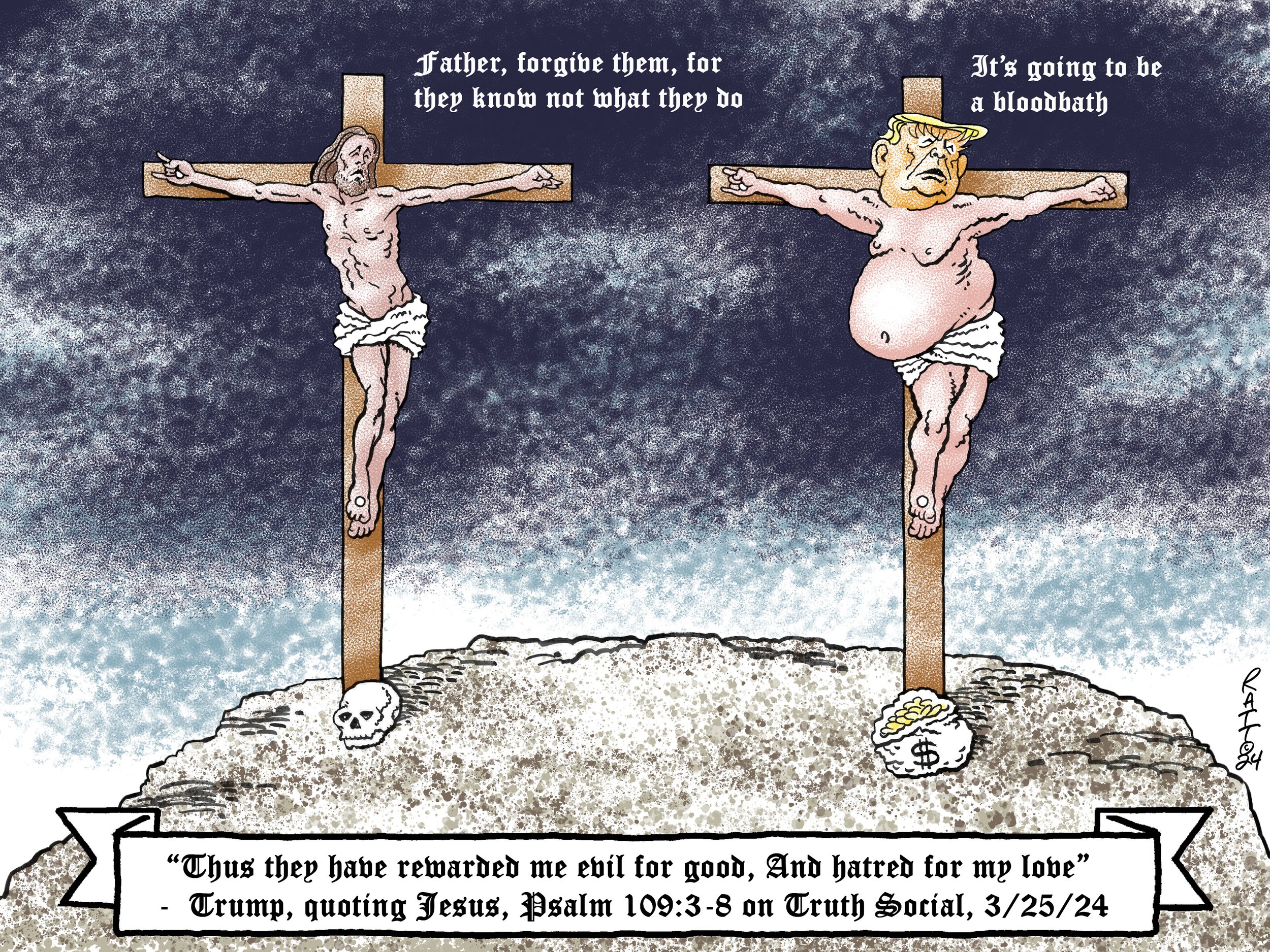At cross purposes. A cartoon for Easter Sunday. (Crooks And Liars, March 31, 2024.)