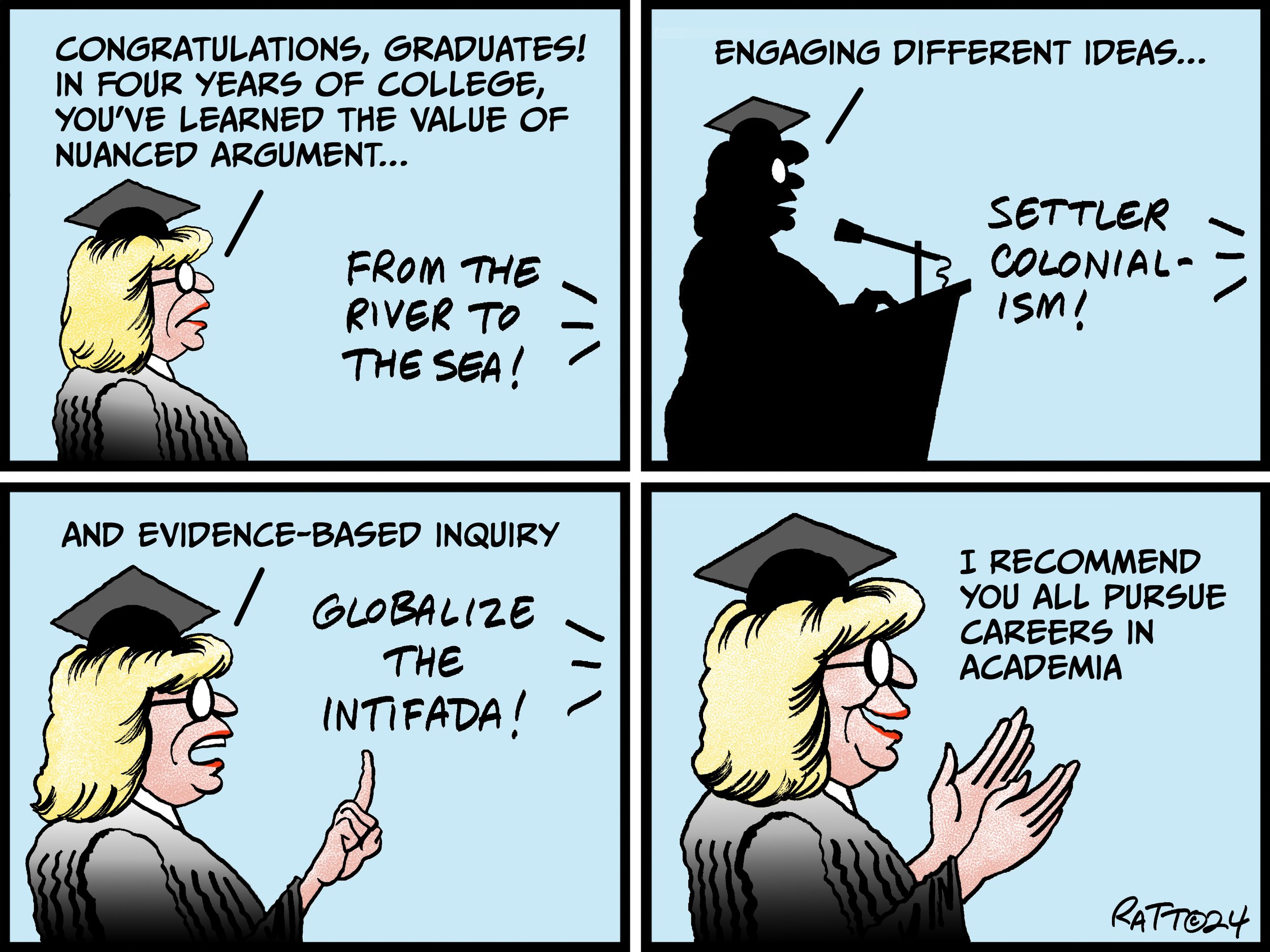 Graduating clash of 2024.  (Crooks And Liars, May 19, 2024.)