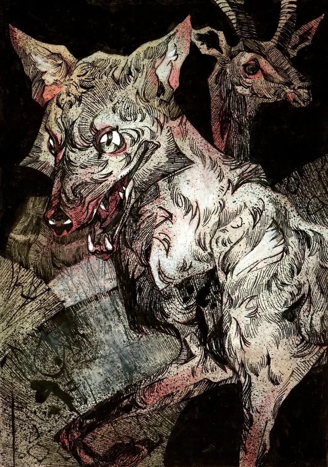 Prey - Calligraphy ink, coloured pencil and gouache on paper