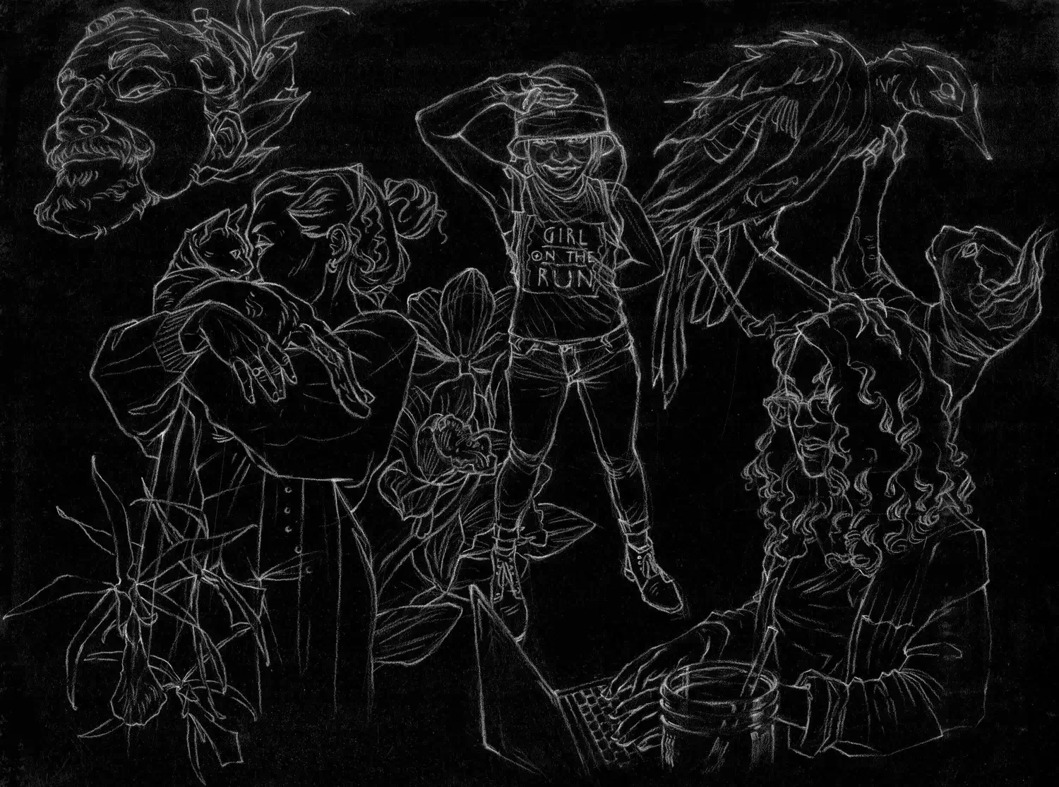 Girl on the run - black and white sketch