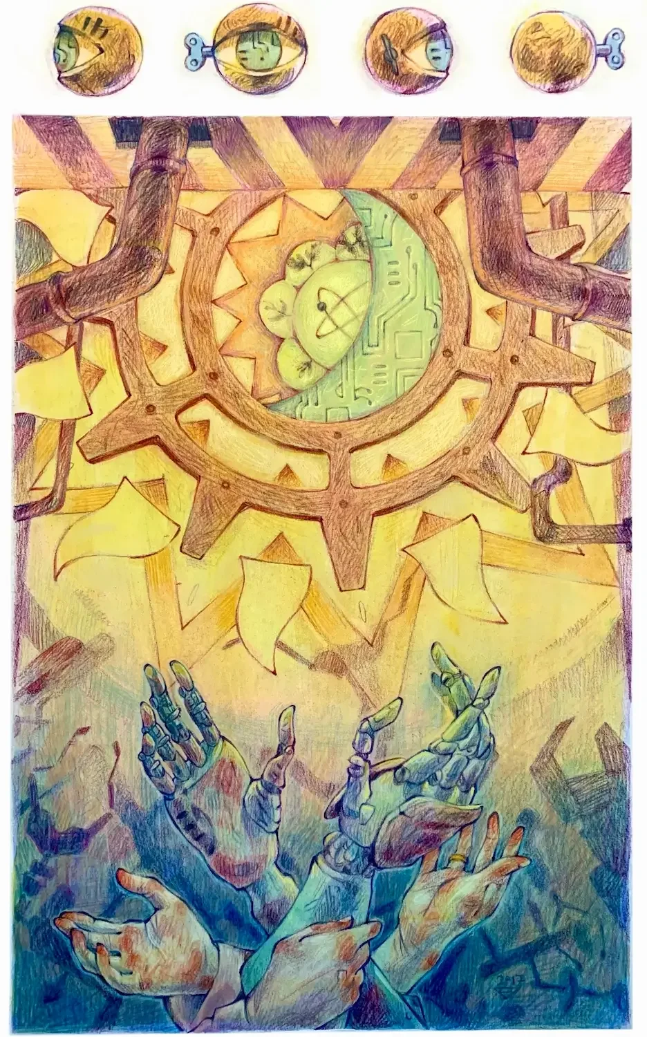 Man’s mechanical dream - Indian ink, watercolour, coloured pencils (Pro Create)