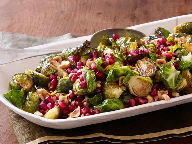 Roasted Brussels Sprouts with Pomegranate and Hazelnuts