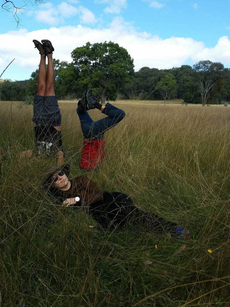 The KSCA team relaxes at "Lana". The author is upside down in the red jersey.