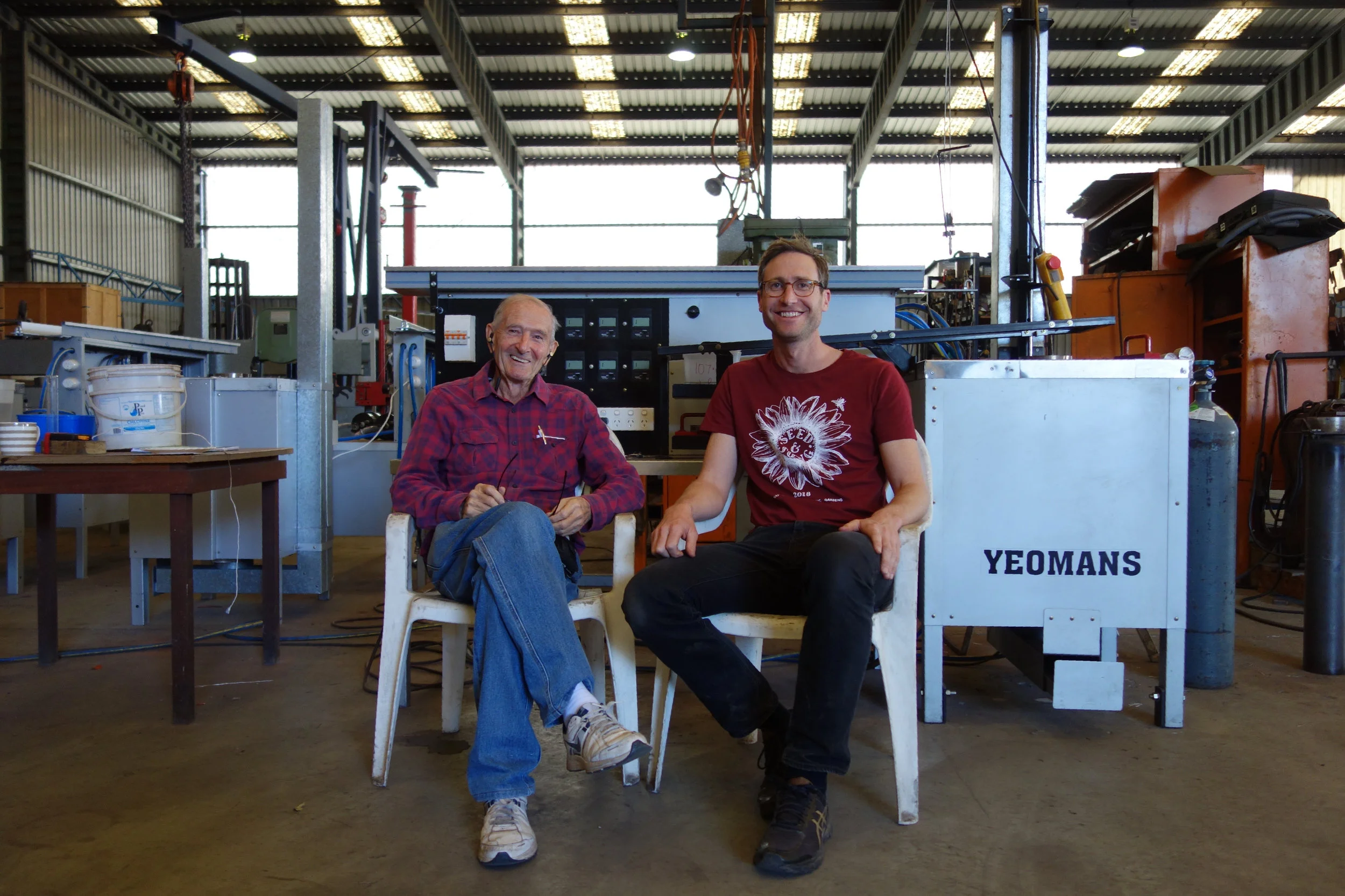 Allan Yeomans and Lucas Ihlein in front of the Yeomans Carbon Still, August 2018. Photo by Sam Doyon.