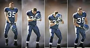 Former NFL Fullback, Owen Schmitt, bashing his helmet to his soon-to-be bloody forehead as a means of feeling fully prepared.