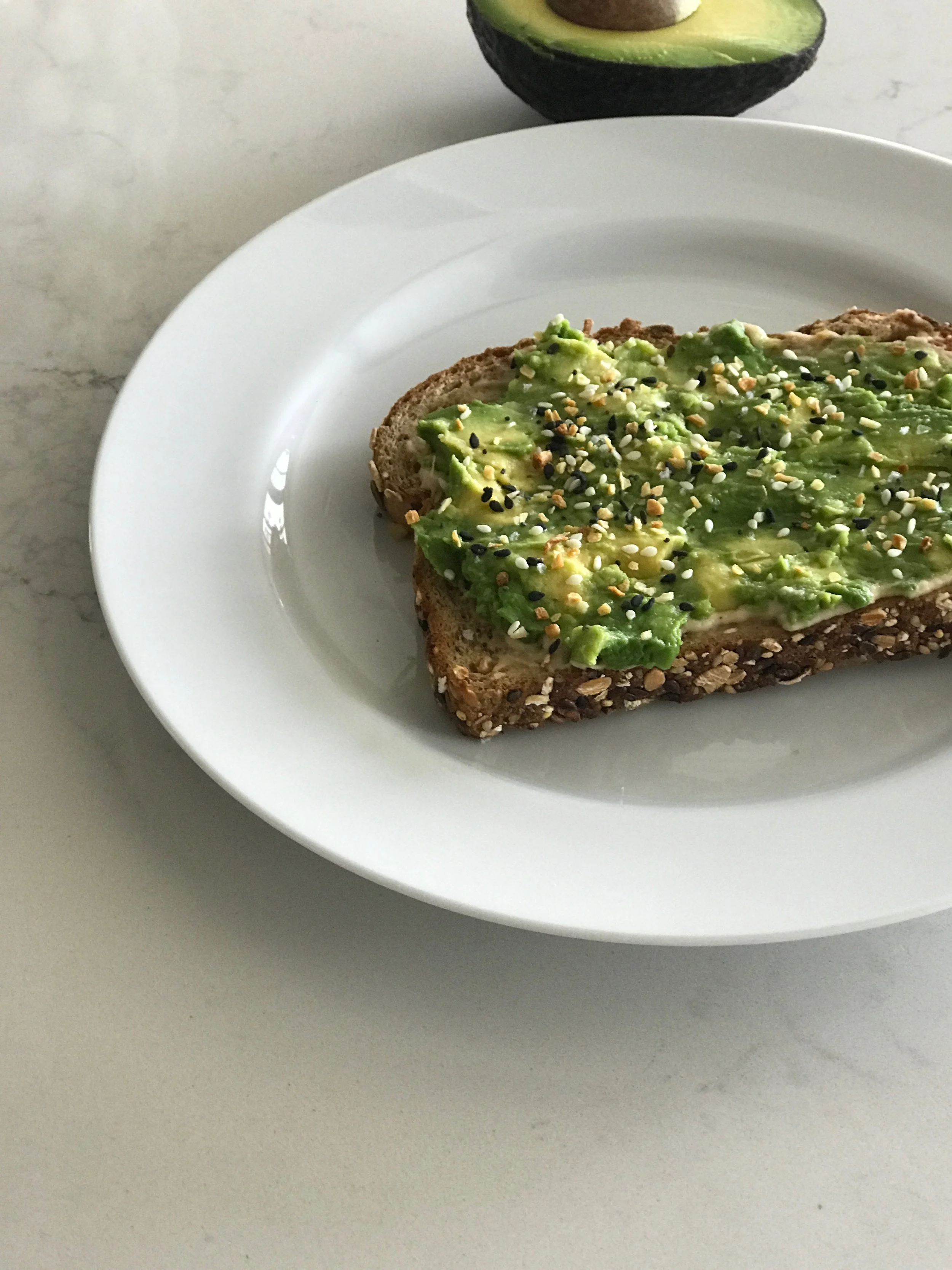 With a high-quality whole grain bread, pumpkin seeds and hummus; this is sneaky-high in protein and super easy to prepare