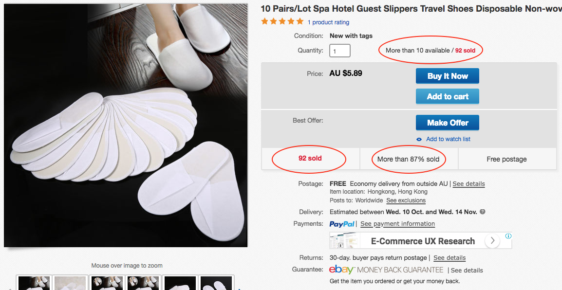 Item page with quantity and percentage sold.