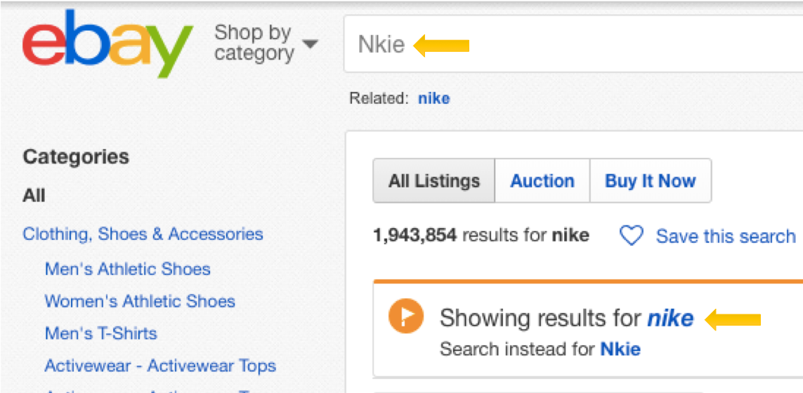 Example of a spelling correction made to help a buyers experience