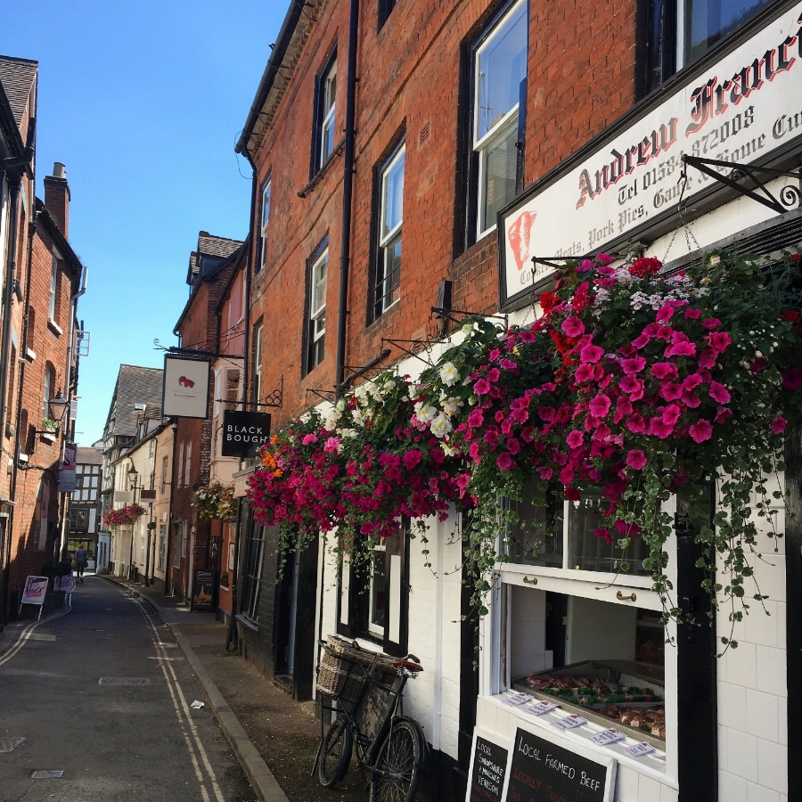 Bloomin' marvellous: hanging baskets outside local butchers, Andrew Francis