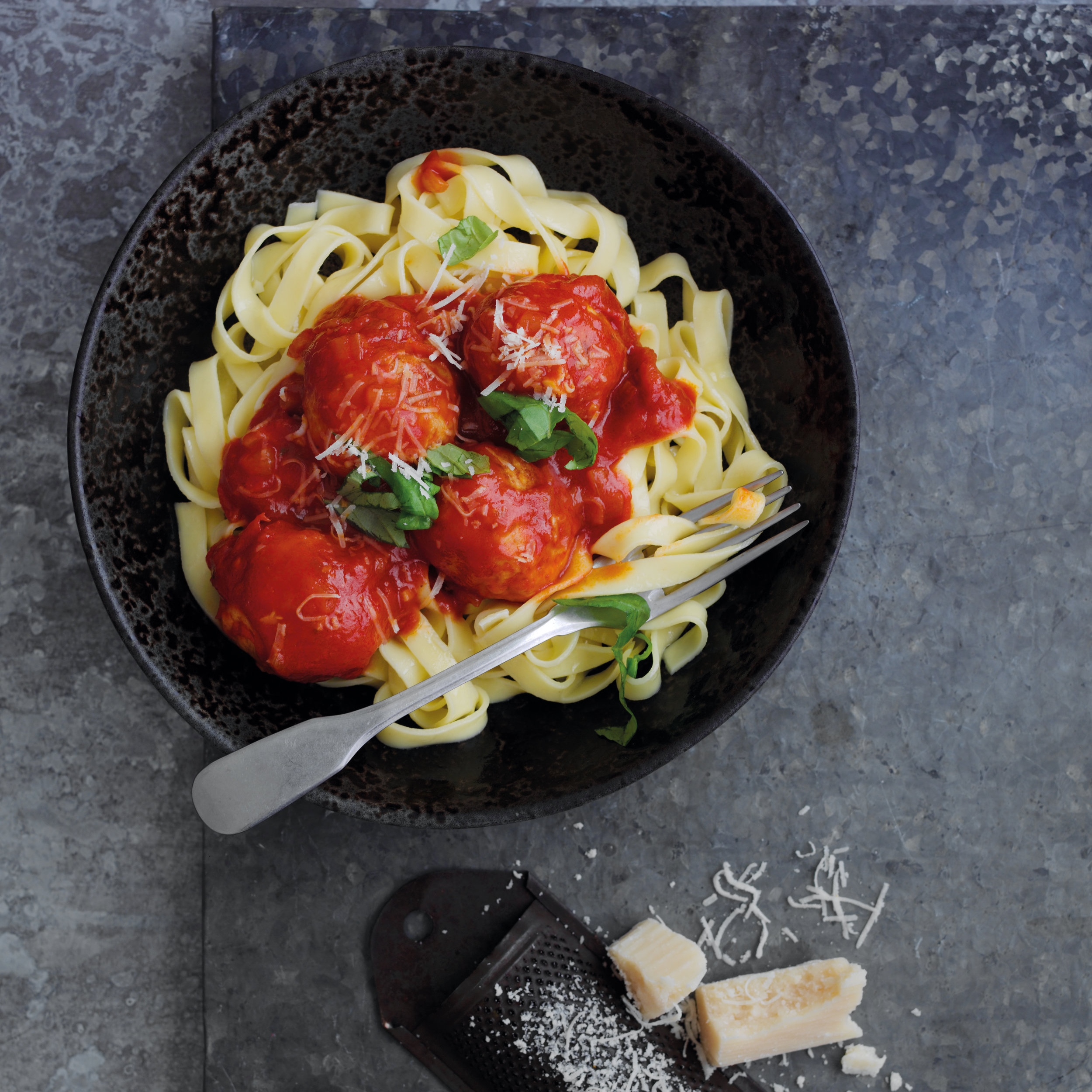 Pheasant meatballs with green olives, sun-dried tomatoes, herbs &amp; tagliatelle pasta Source: Game Larder