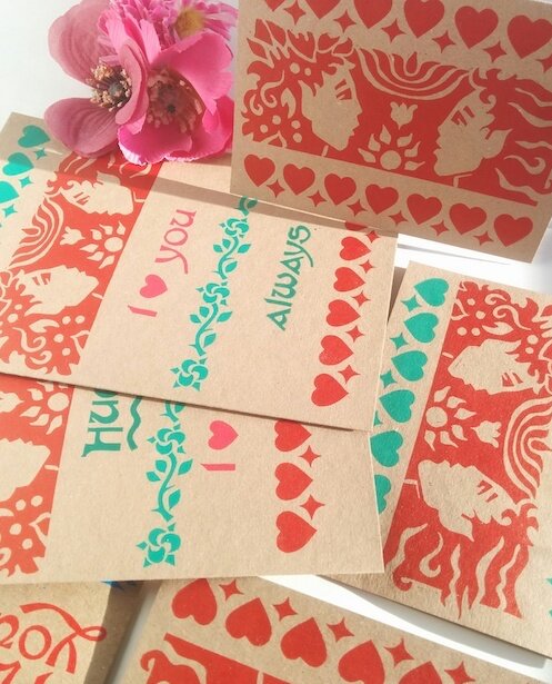 Hand-printed cards - Individually hand-printed Valentines cards from LUDLOW GOTHIK! All lovingly hand-printed on eco-friendly recycled card, so that you can demonstrate your eco-credentials as well as your love. From large cards (A5 size) in nice bright red envelopes, to more demure cards at A6 size. Featuring hot dragons and other suitable designs, all hand drawn and block printed right here in Ludlow. With a variety of wording, lots of 'I love you Always', but other wordings too; lots of 'Hugs' cards, ideal for that someone who just needs one. SPECIAL VALENTINE’S OFFER - until Feb 14th orders will include a FREE CARD OF YOUR CHOICE!