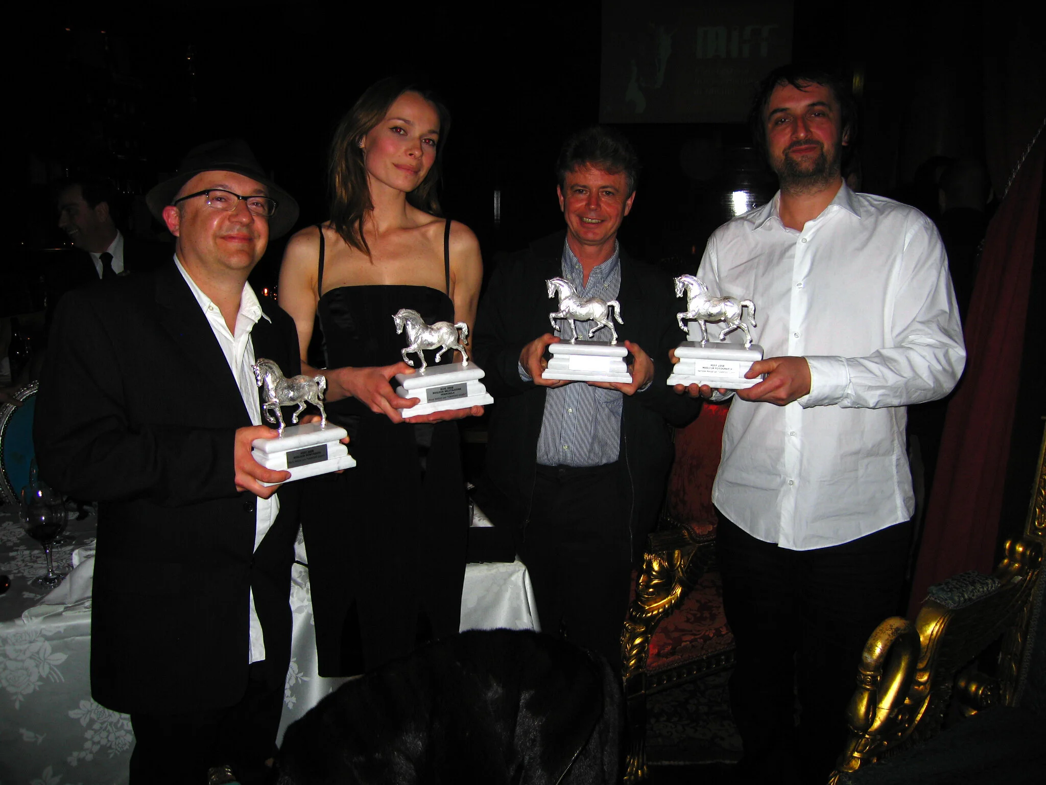 Mark James, Anna Walton, Phil O'Shea, Michael Riley collect our trophies ~ "Vampire Dairy" Milano International Film Festival. Best Film, Best Actor, Best Editing, Best Cinematography. 