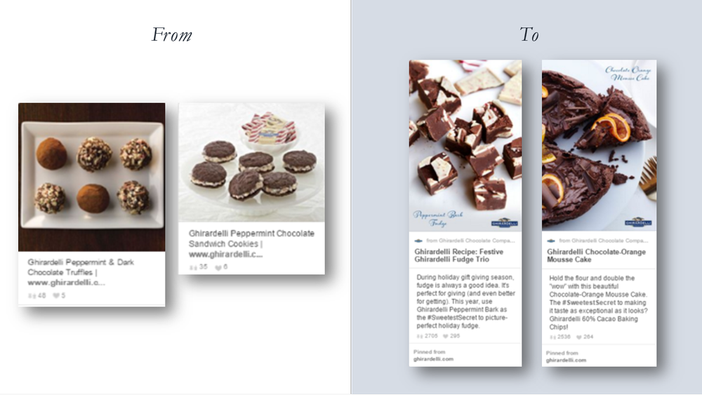   an on-brand and platform-centric design was introduced to ghirardelli’s pinterest content  