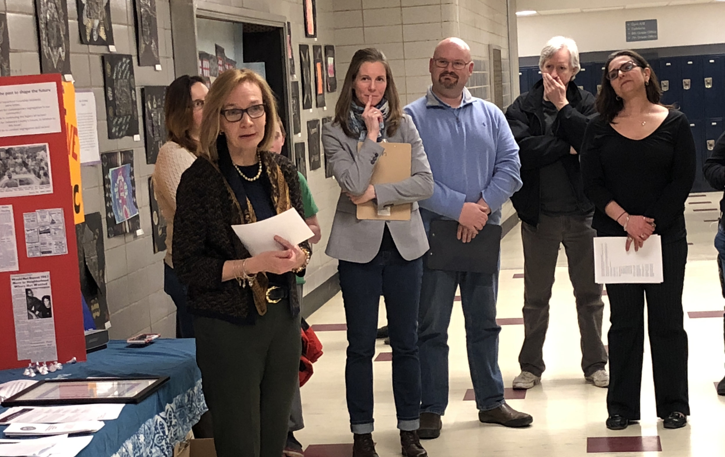  Dr. Maureen Reusche, Superintendent of the School District of Haverford Township, speaking at the Martin Luther King Community Commemoration Haverford Middle School H-CAN event on April 4, 2018. 