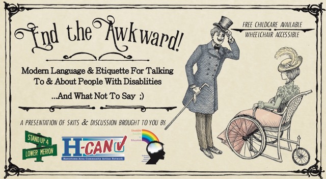 Image of victorian stylized gentleman holding a cane and tipping his hat to a seated lady facing away from us. She is seated in a victorian styled 3 wheeled chair, wearing a long skirt, ruffled shirt and hat with a feather. The entire image and text is framed with a victorian style.