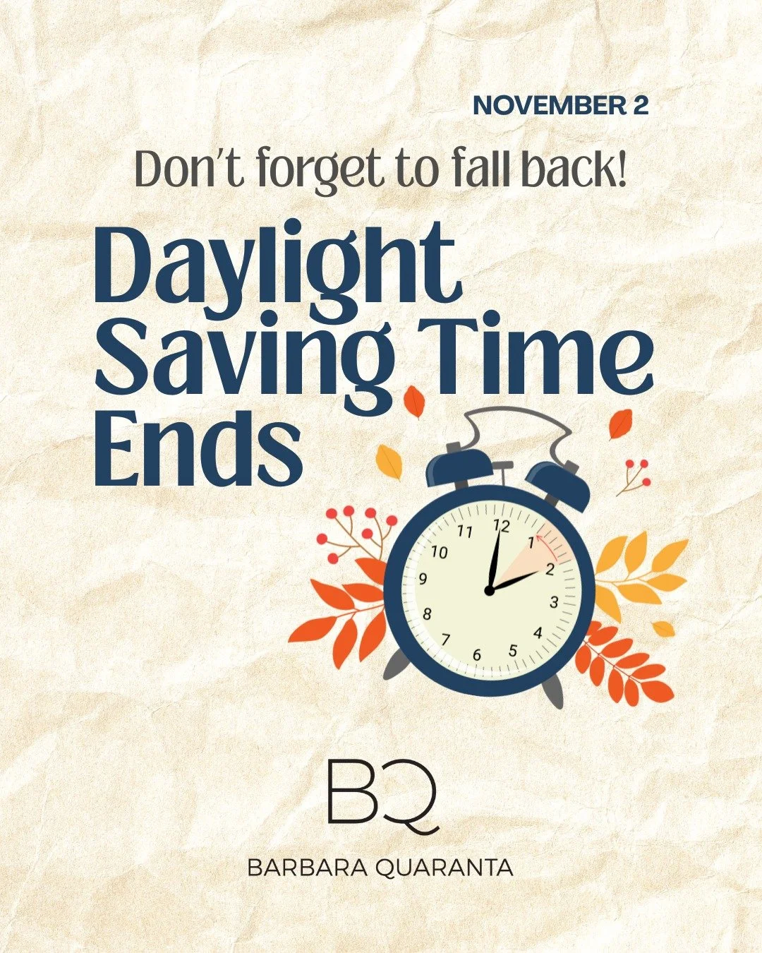 Daylight Saving Time Ends!

Don't forget to fall back!
.
.
.
#BarbaraQuaranta #Compass #CompassNewYork #RealEstate #RealEstateNewYork