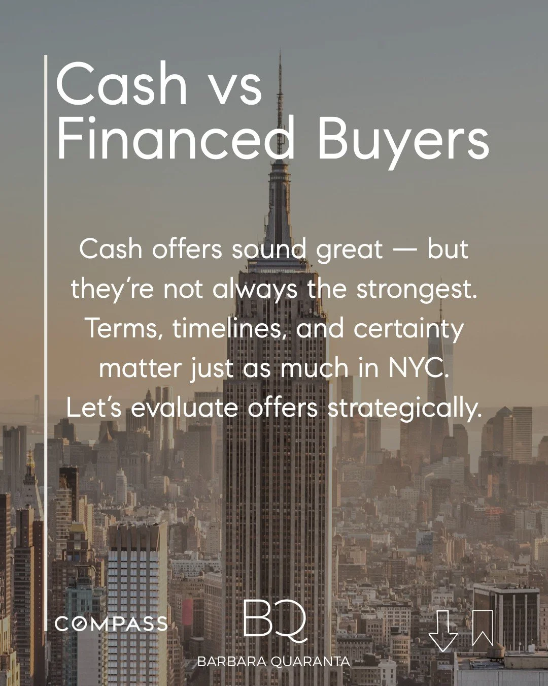 Cash vs Financed Buyers 
Cash offers sound great &mdash; but they&rsquo;re not always the strongest.
Terms, timelines, and certainty matter just as much in NYC.
Let&rsquo;s evaluate offers strategically. 

Looking to sell or have questions on selling