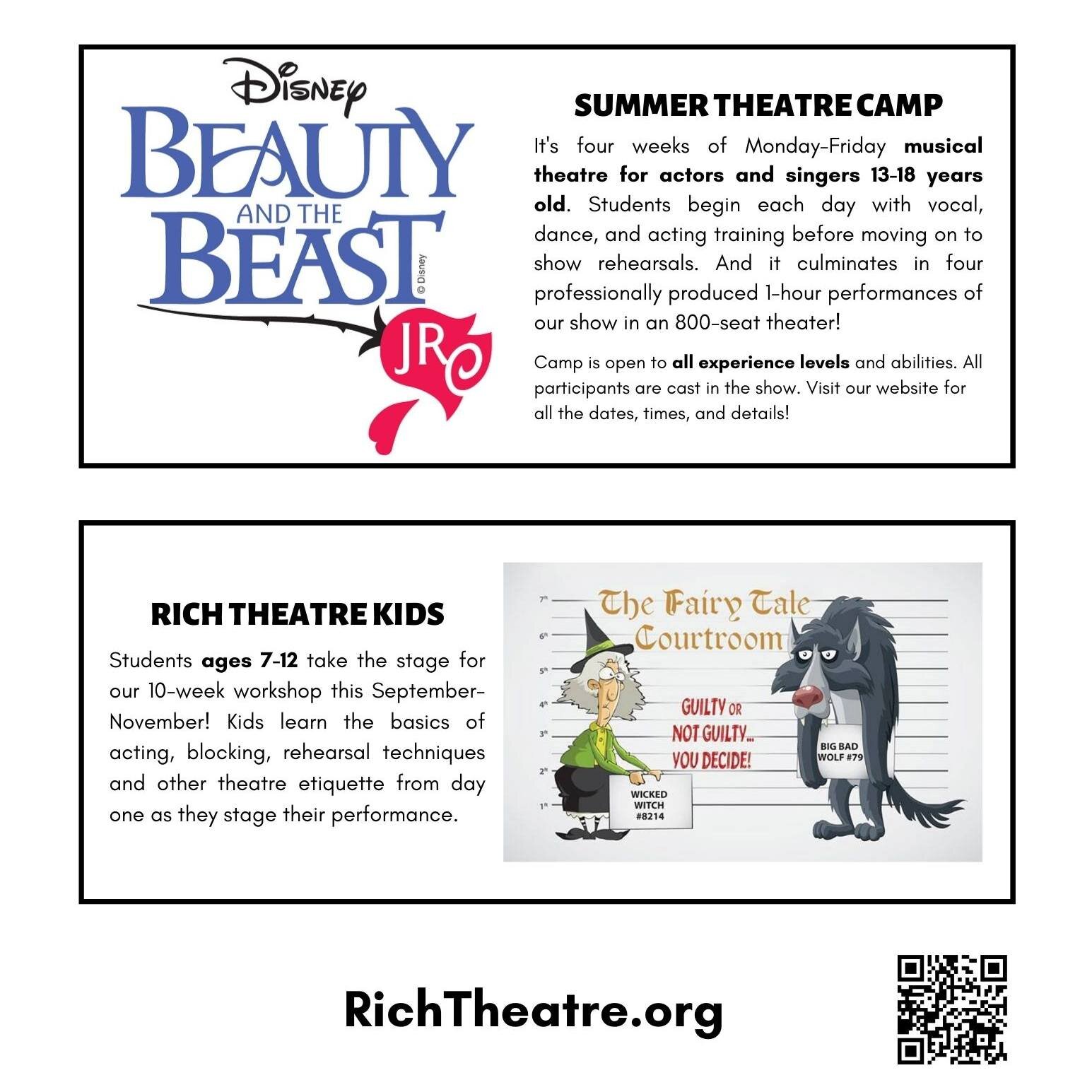 We're gearing up for our next two amazing projects! Come check us out and help spread the good word!

Rich Theatre #summercamp #beautyandthebeastjr #4weeksoftheatre #sing #dance #act #4performances #ages13to18 #richtheatrekids #fairtytalecourtroom #b