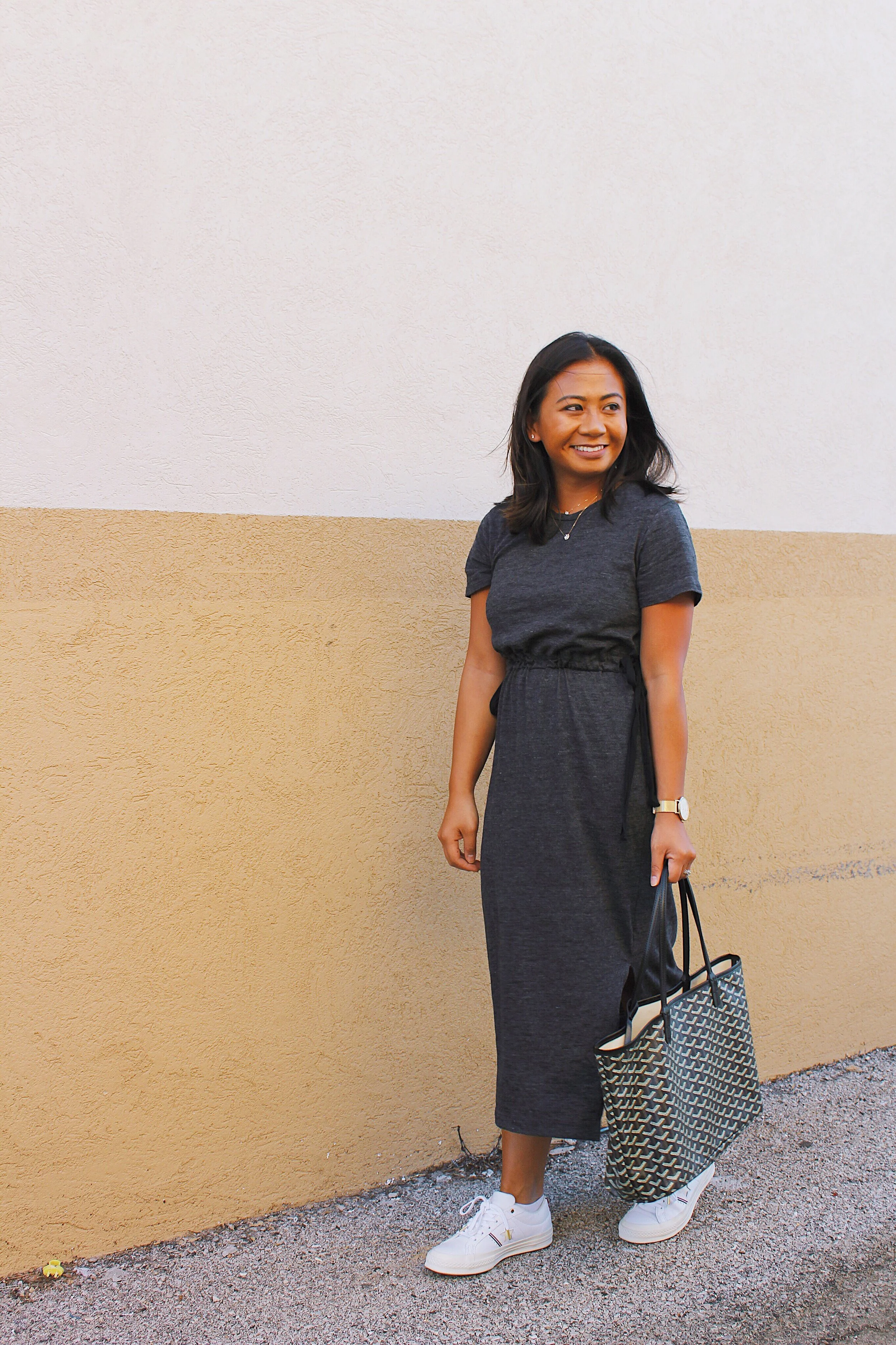 midi dress and white sneakers