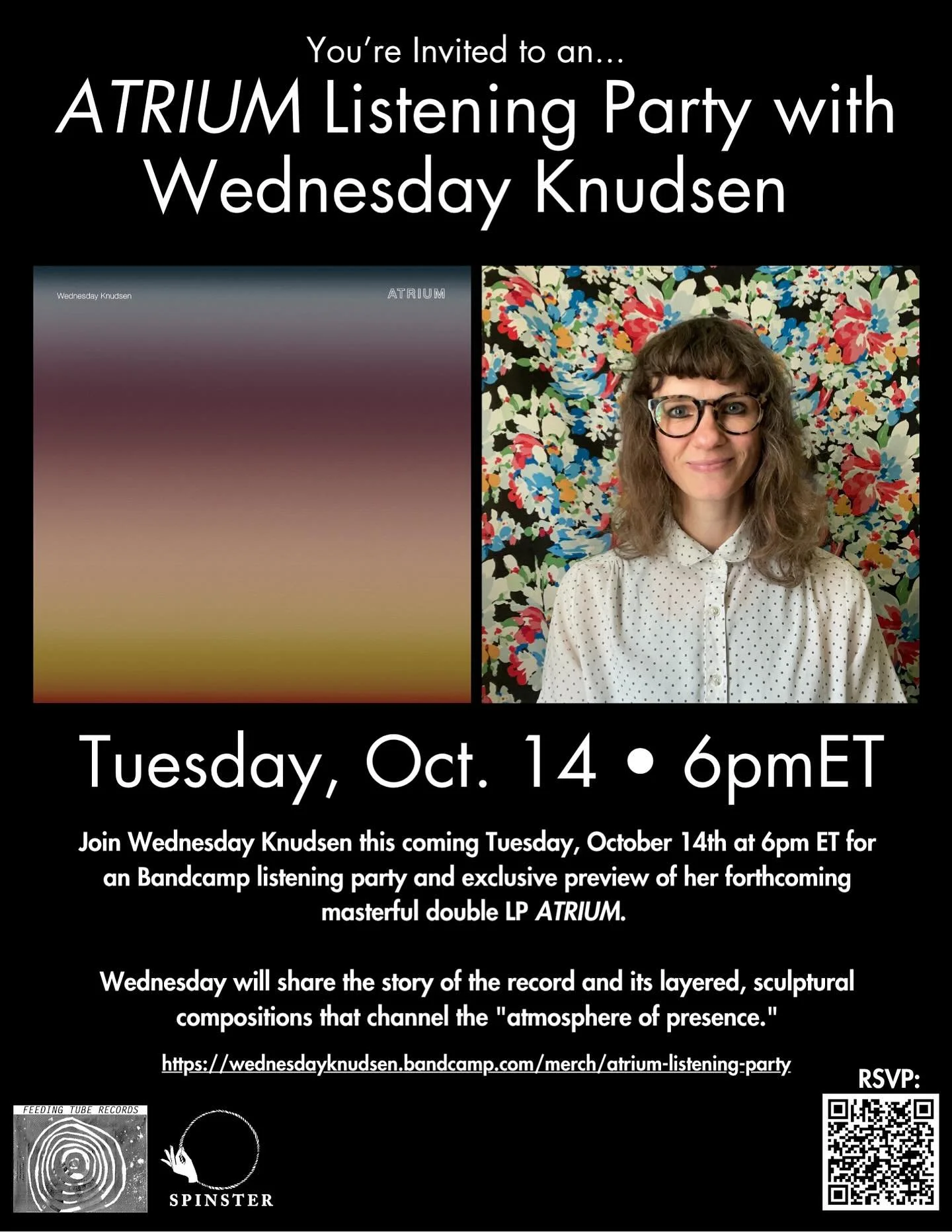 Join Wednesday Knudsen this coming Tuesday, Oct. 14 at 6pm ET for a Bandcamp Listening Party and exclusive preview of her forthcoming masterful double LP ATRIUM (Out 10/24 on @spinstersounds and @feedingtuberecords_rozztoxart)! @wednesdayknudsen will
