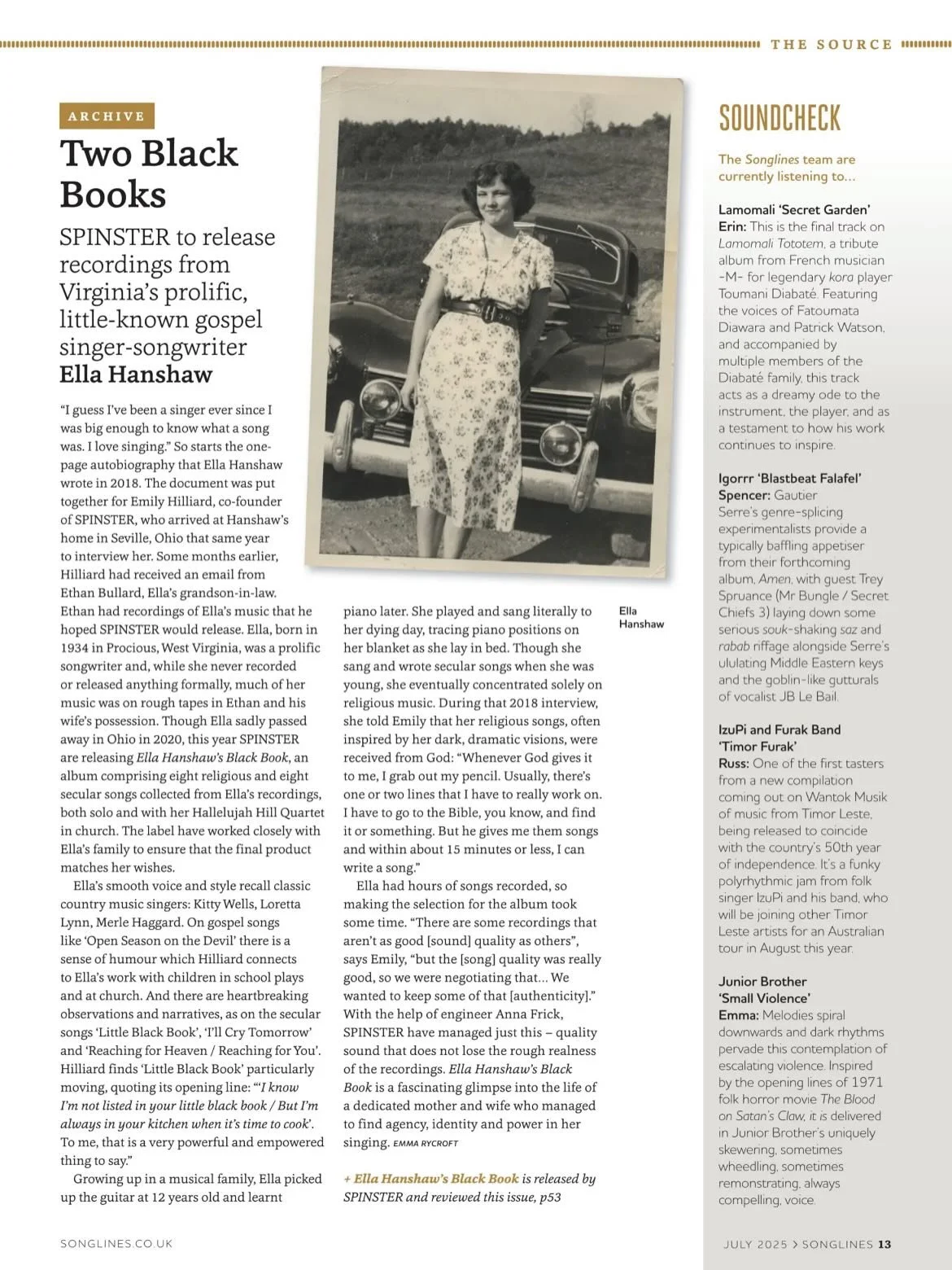 Thank you to @songlinesmagazine and @nprmusic for the recent praise and press for Ella Hanshaw&rsquo;s Black Book, out now on LP, CD, and digital (Bandcamp 🔗⬆️)

Just one small but crucial edit✍️: Ella was from ^WEST (best) Virginia 🙂

&ldquo;Ella 